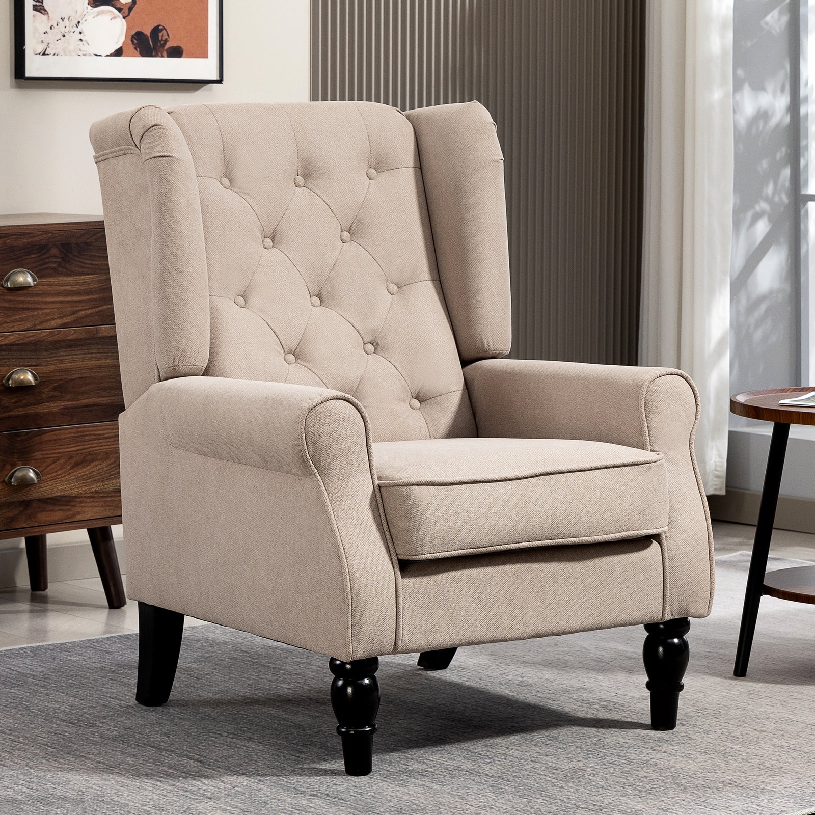 Accent Armchair Home Furniture Retro Tufted Club Wood Fabric | Beige