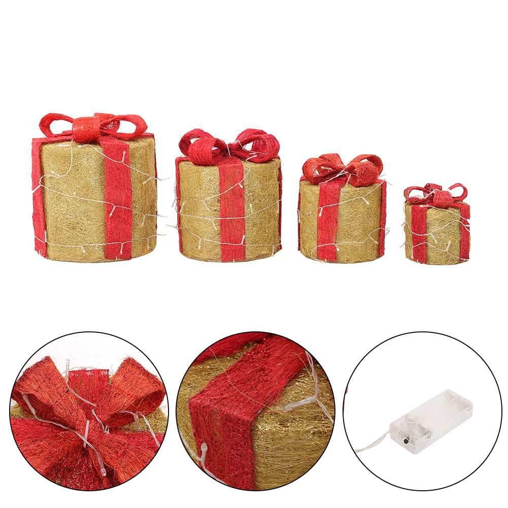 4pcs Christmas Gift Box Decorations With Led String Lights | Gold