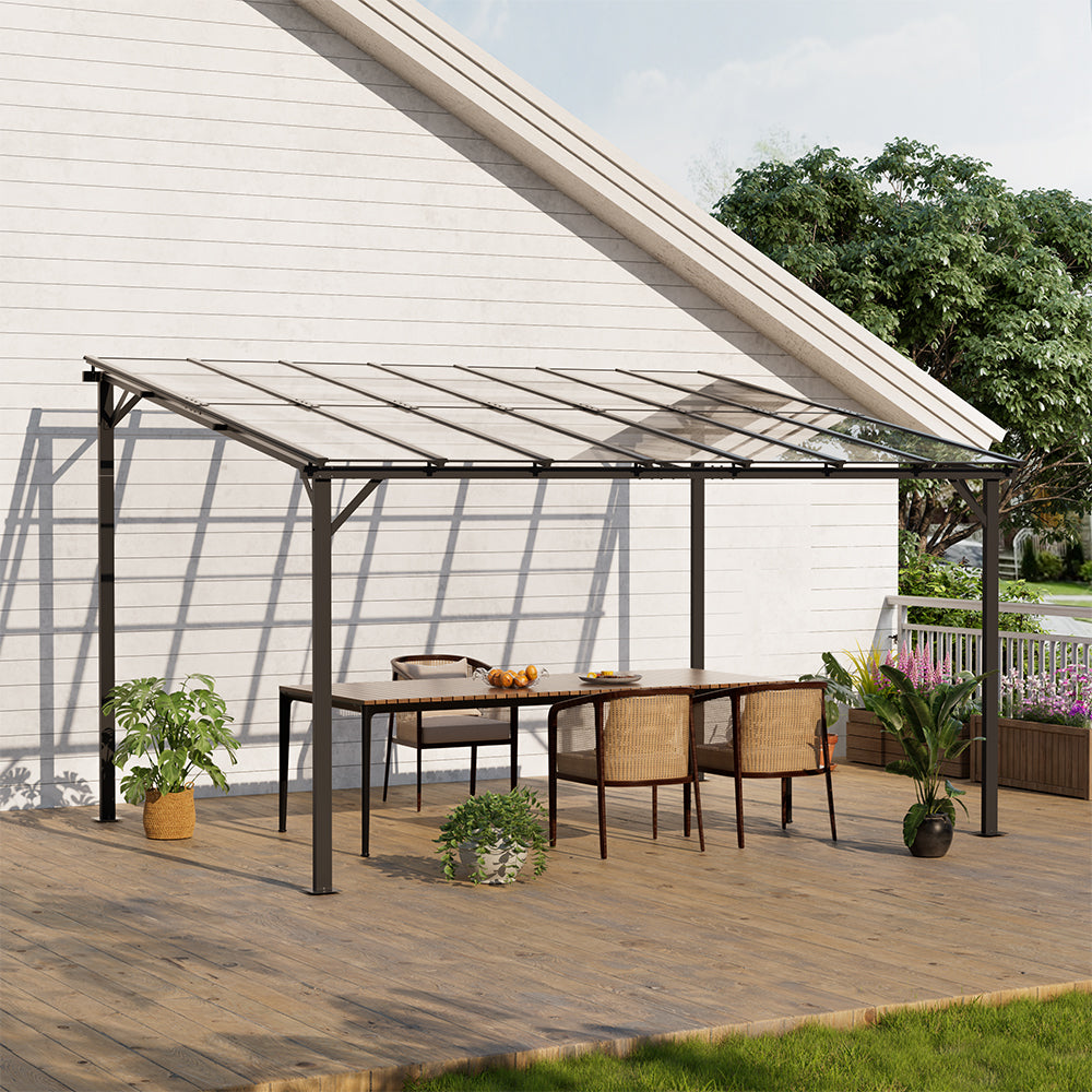 Outdoor Wall-mounted Gazebo Canopy With Polycarbonate Roof, Heavy Duty Patio Pergola Shelter, Uv Resistant Waterproof Sunshade | Large | Grey