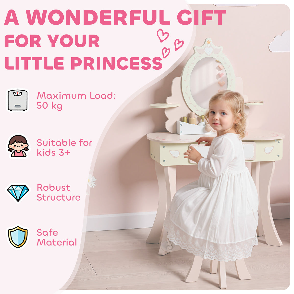 AIYAPLAY Kids Dressing Table, Girls Vanity Set W/ Stool, 7 Play Accessories