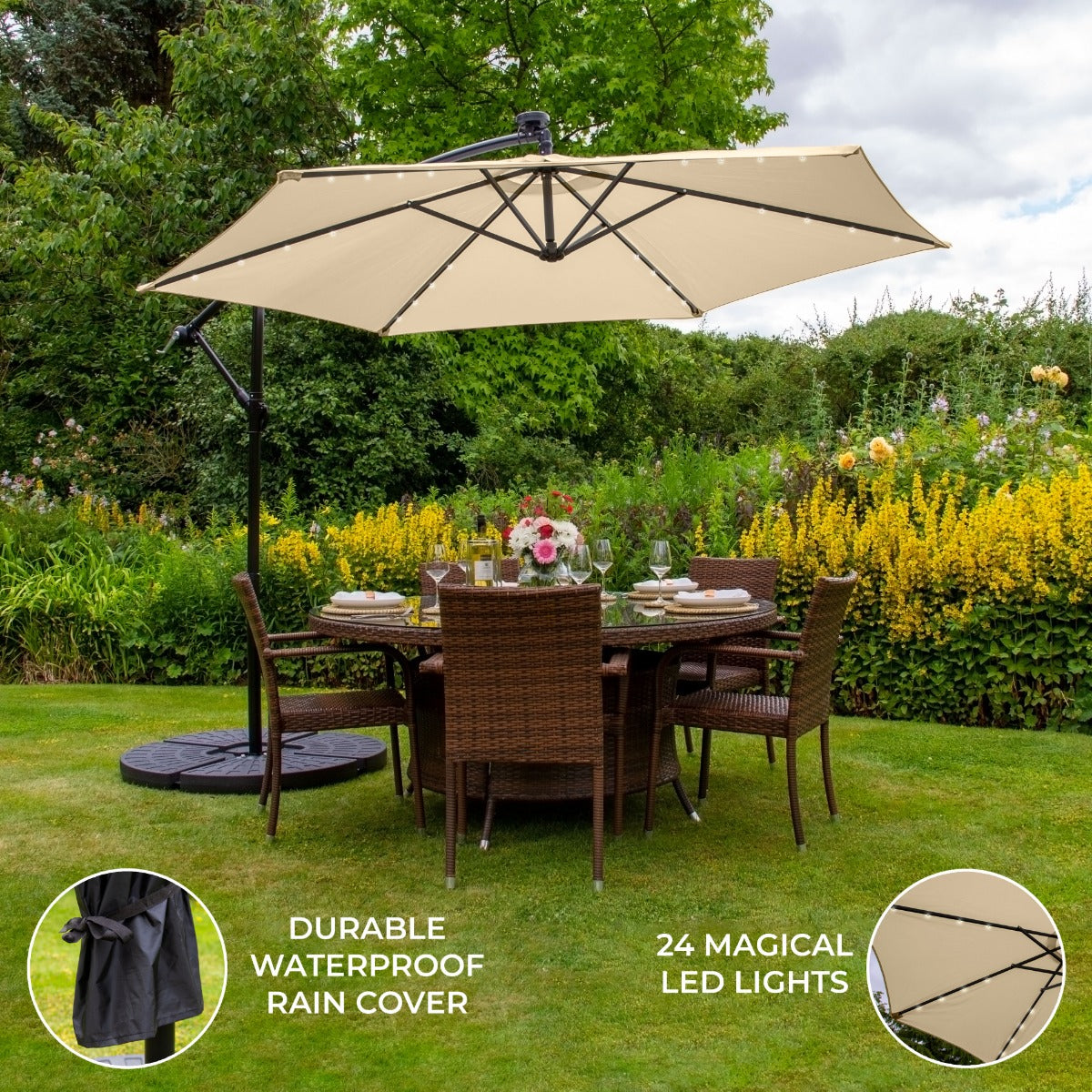 3m Led Cantilever Parasol With Fan Base | Beige