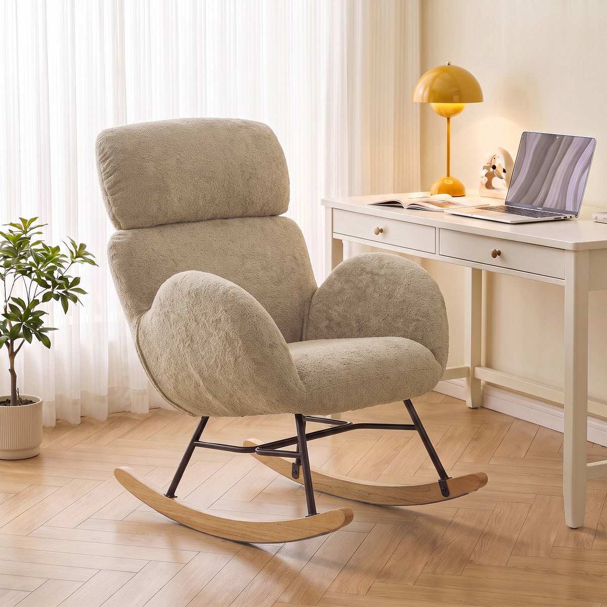 Rocking Chair With Adjustable Headrest Velvet Upholstery | Light Brown