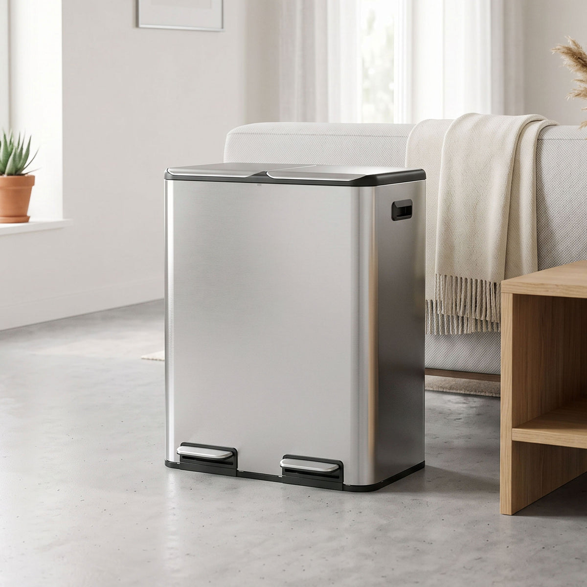 2x30l Kitchen Bin, Stainless Steel Recycling Bin | Silver