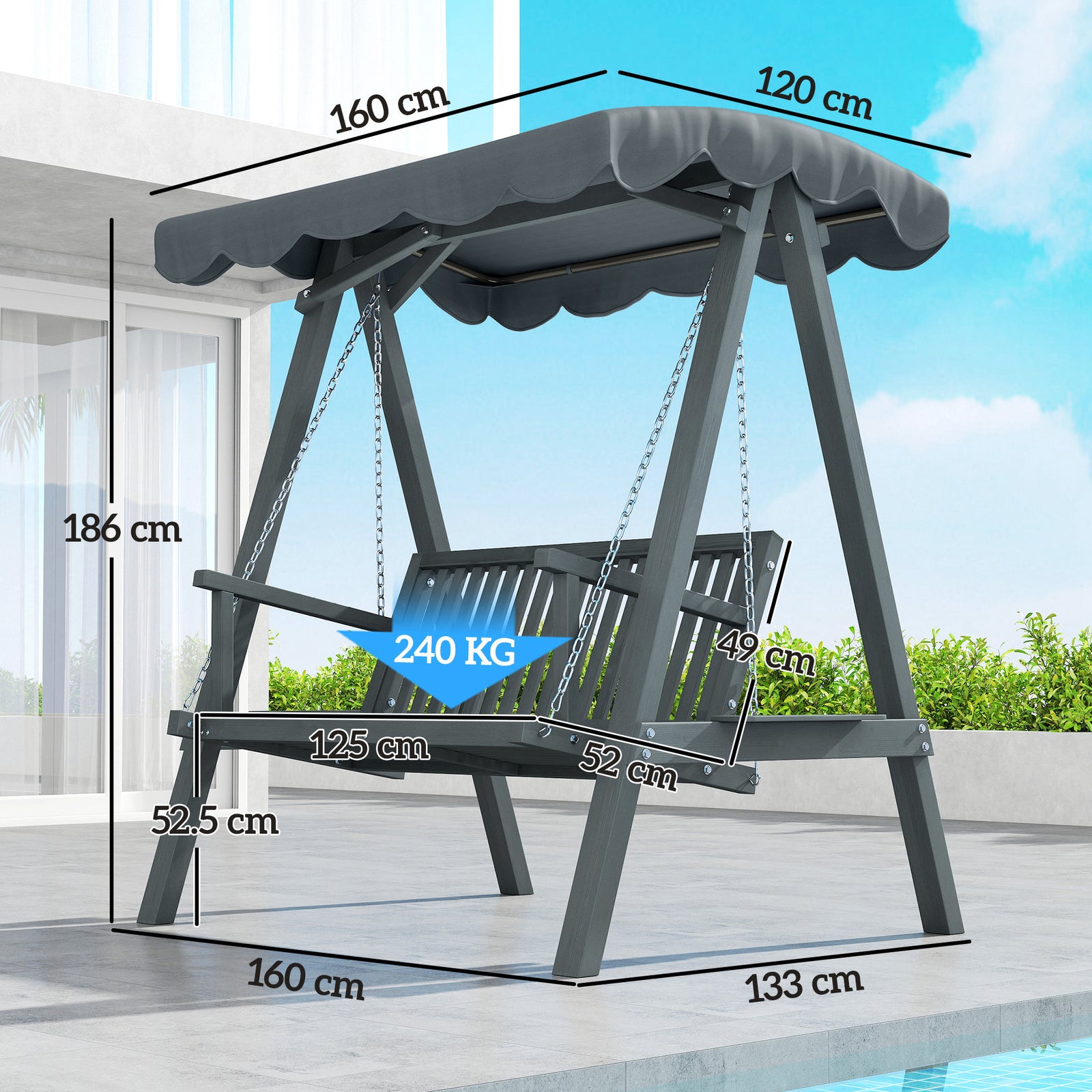 Outsunny 2 Seater Garden Swing Seat With Canopy, Outdoor Hammock Bench, Grey
