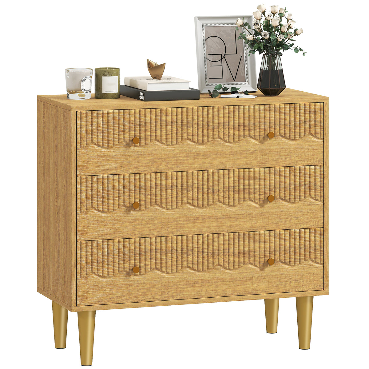 HOMCOM Chest Of Drawers, 3 Drawer Dresser Steel Legs And Wooden Top, Oak