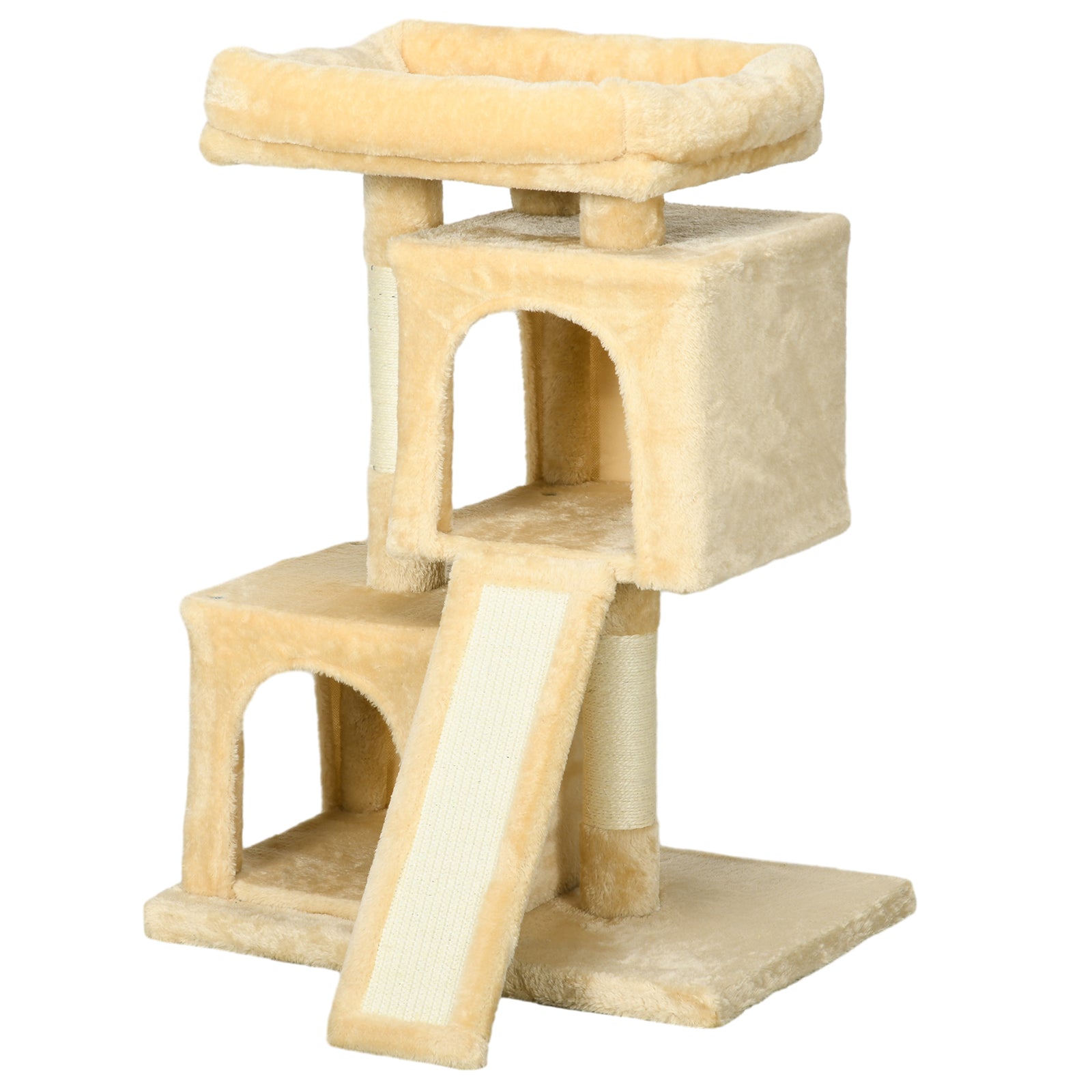 Cat Rest & Play Activity Tree W/ 2 House Perch Scratching Post | Cream