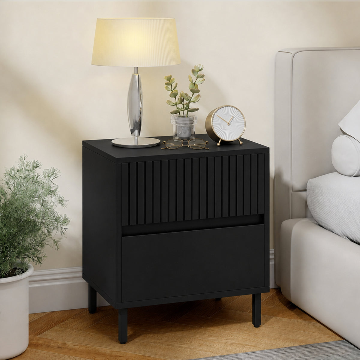 HOMCOM Bedside Cabinet With 2 Drawers, Storage And Steel Legs, Black