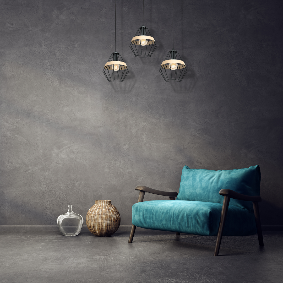 Cliff Black Pendant Lamp 3xe27 Hand Made Matt Black Cage Style Lamps With Natural Wood Detail