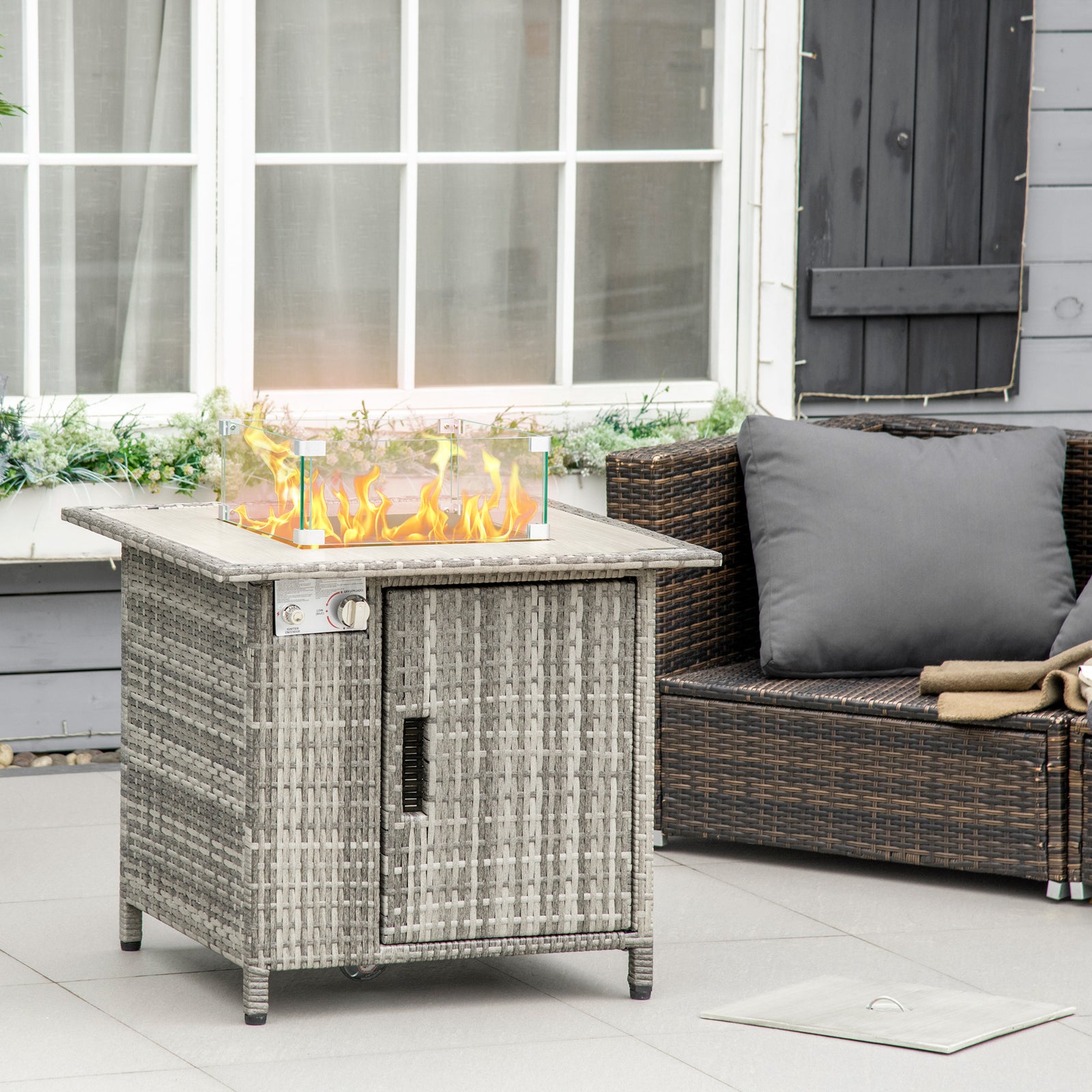 Pe Rattan Gas Fire Pit Table With Marble Desktop, Rain Cover