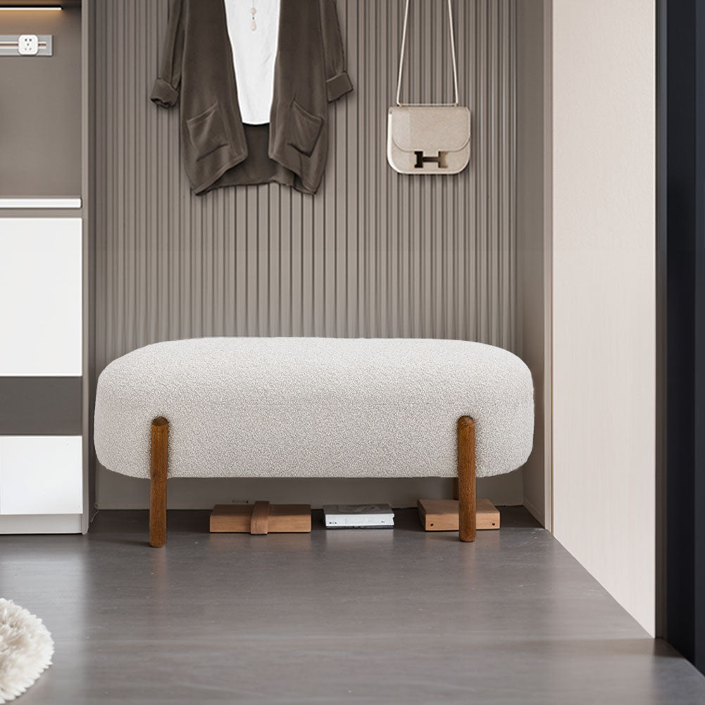 Contemporary Fabric Upholstered Bench with Solid Walnut Wood Legs, Beige，106.5cm W 44cm H