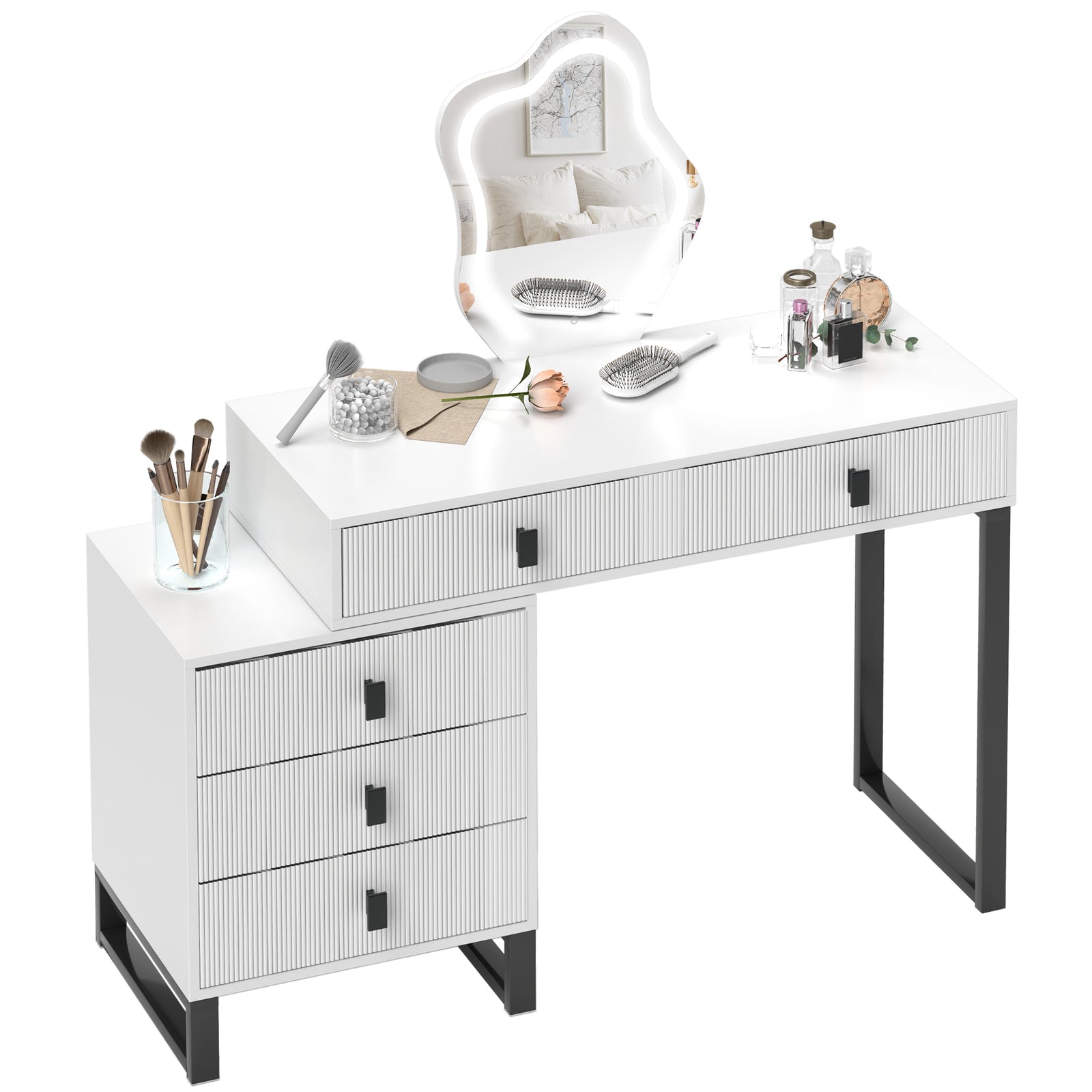 Dressing Table With Led Leaf Shape Mirror And 5 Drawers, White