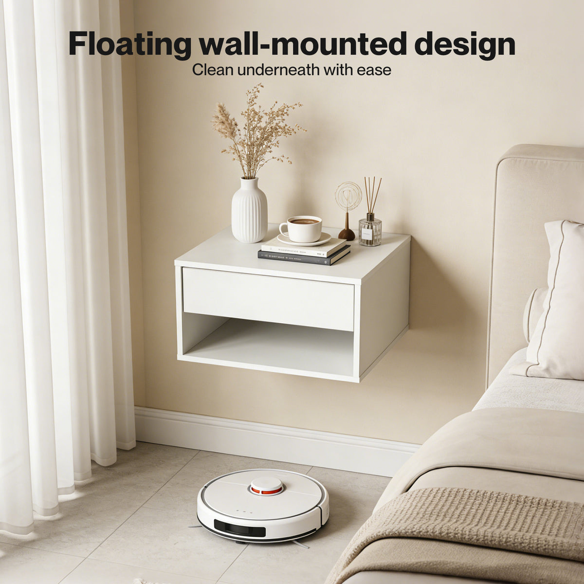 Bedside Table Floating Set Of 2 Wall Mounted Drawer Open Shelf White | White