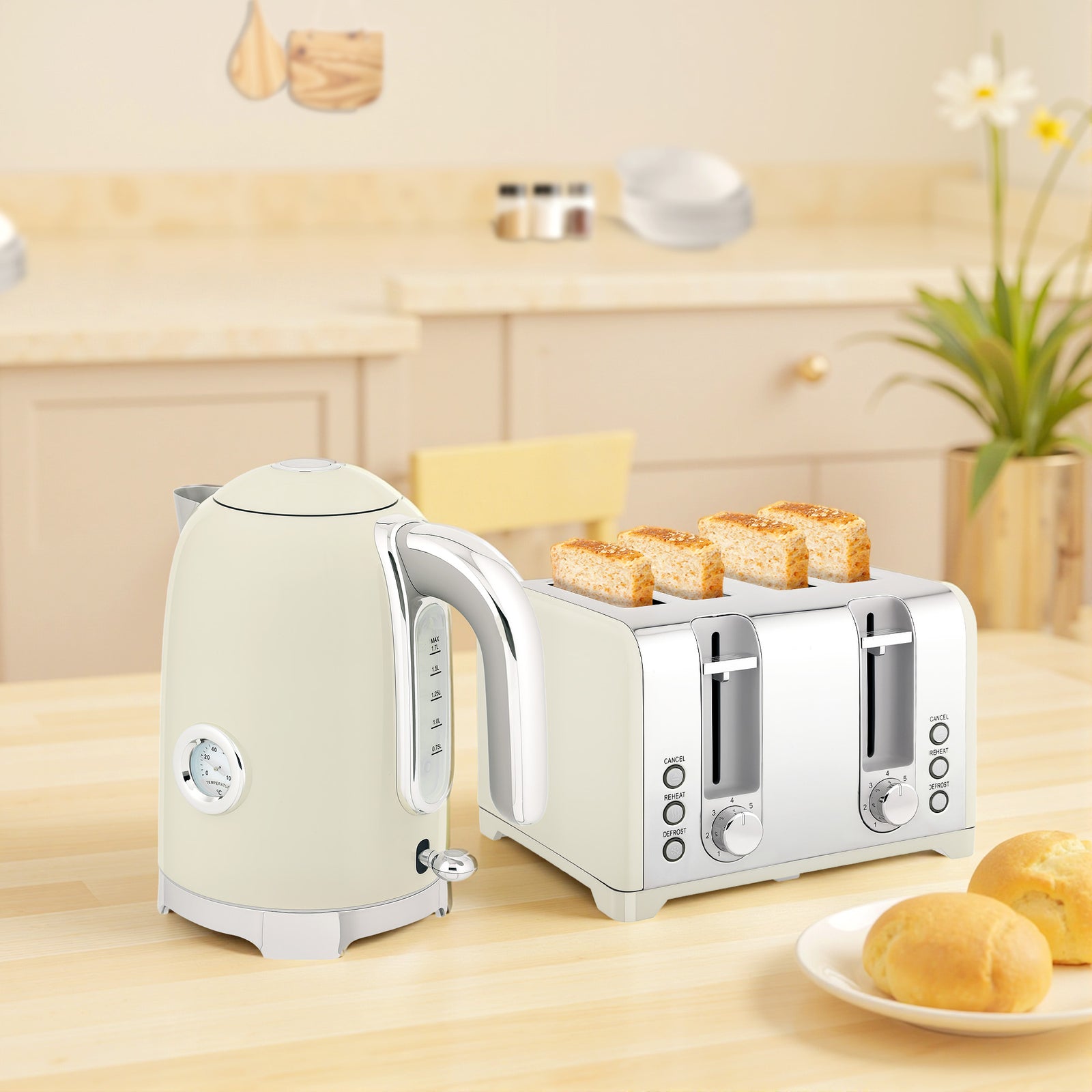 3000w 1.7l Kettle With Retro Thermometer, 4 Slice Toaster Set | Grey
