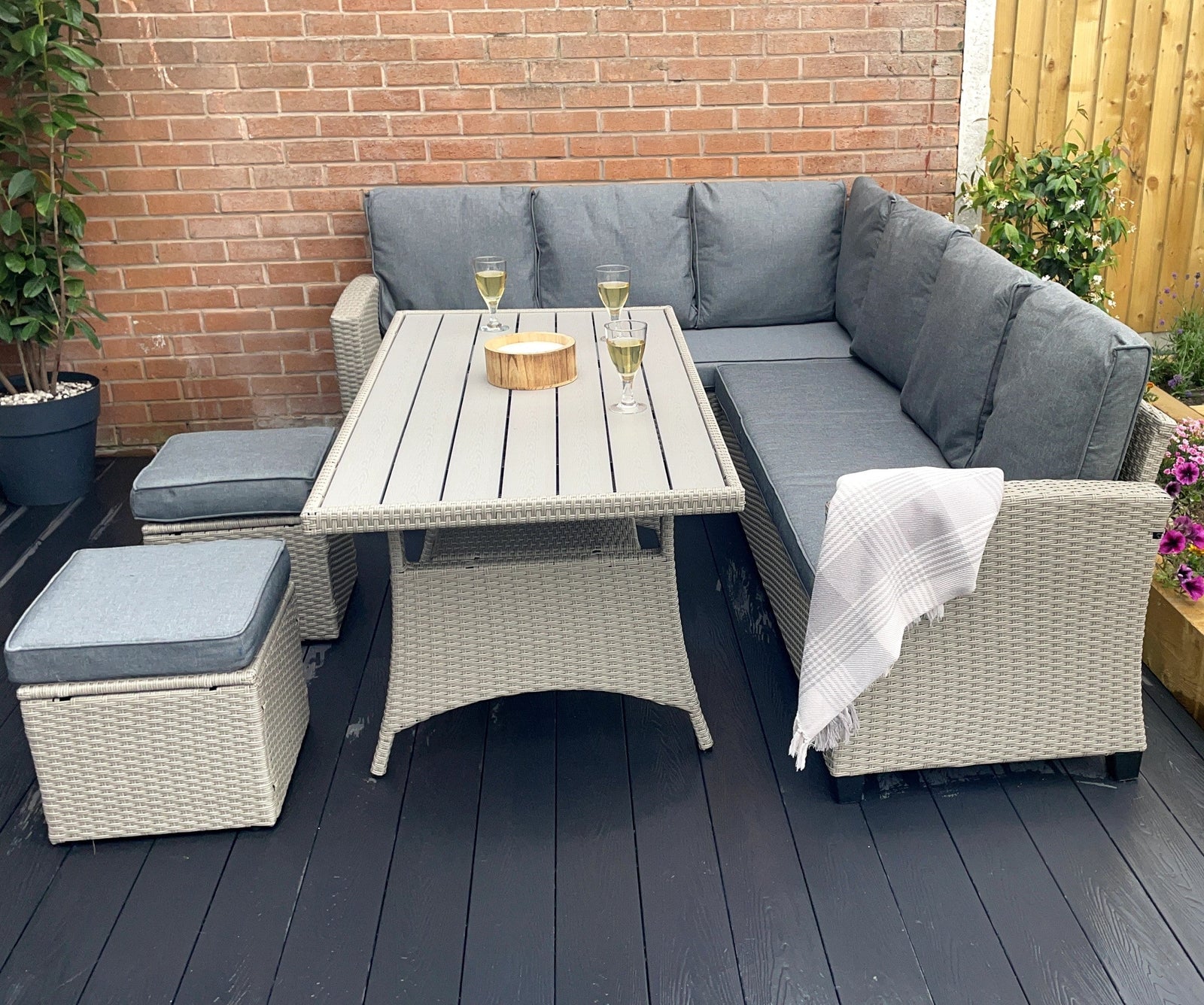 Stylish York 8-seater Grey Rattan Corner Sofa Dining Set For Outdoor Entertaining | Grey