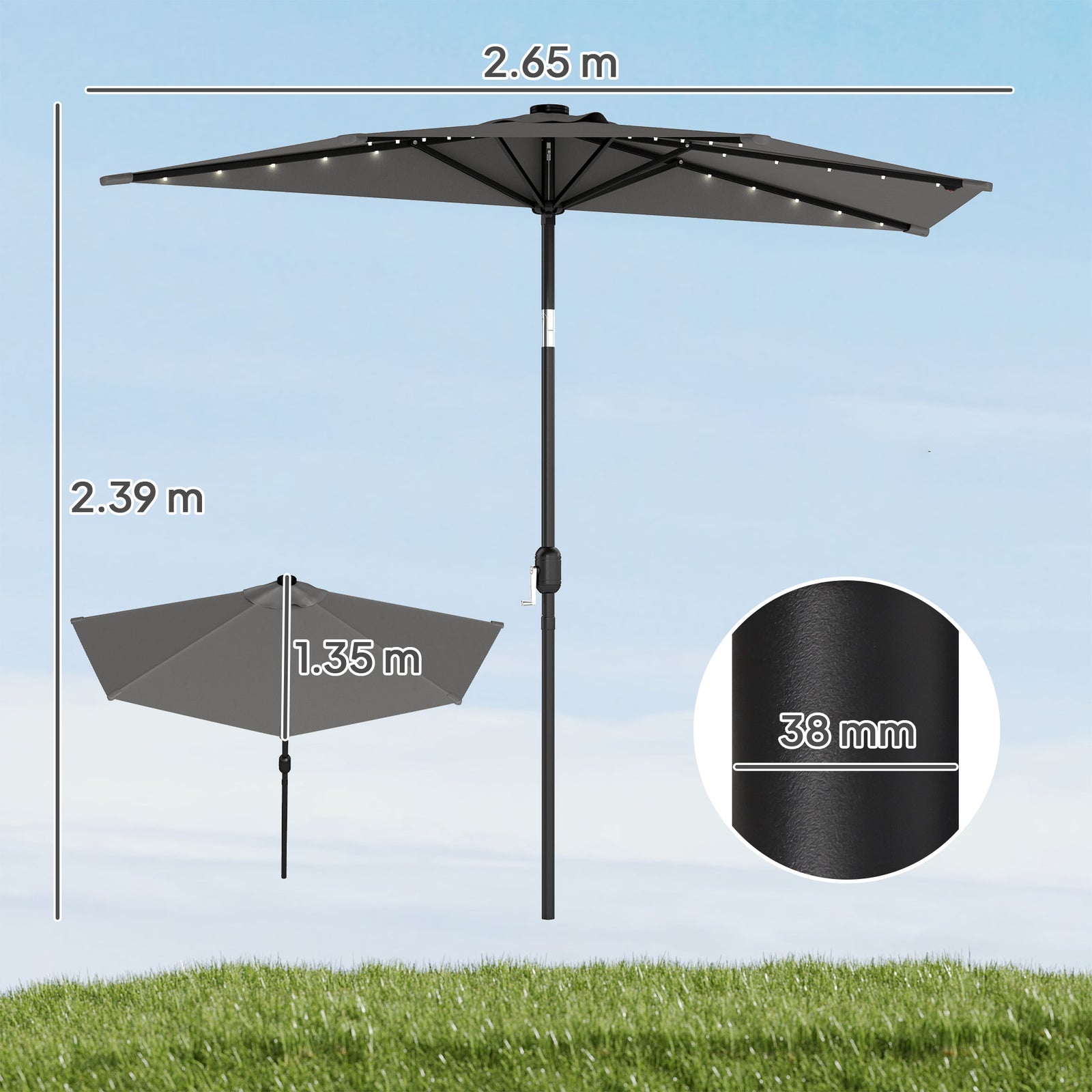2.6 M Half Parasol With Solar Lights, Upf50+ Semi Round Umbrella | Dark Grey