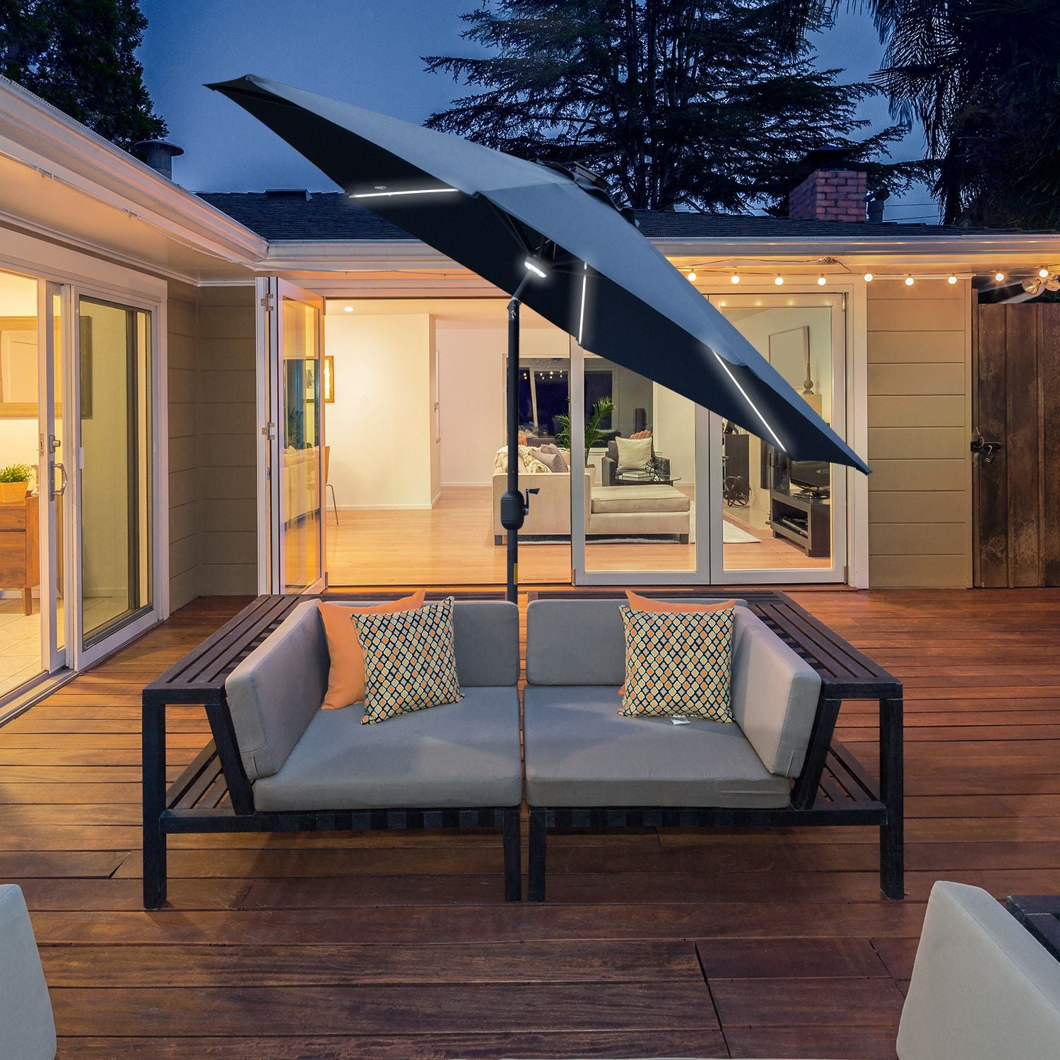 2.7m Parasol W/ Led Solar Light & Angled Canopy | Blue