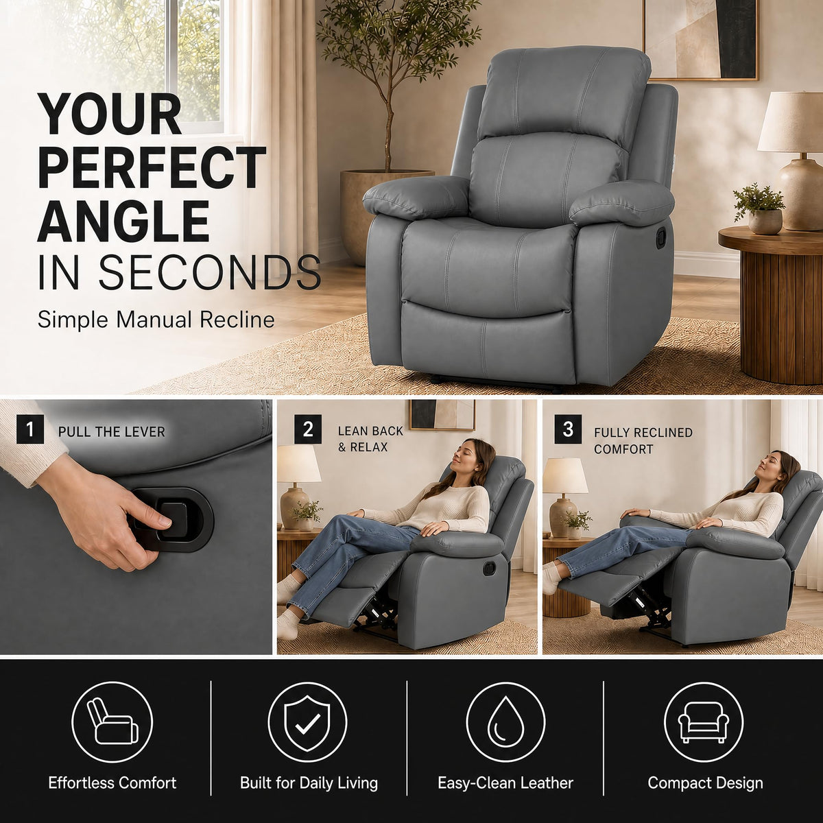 Manual Recliner Sofa 1 Seater Faux Leather | Grey