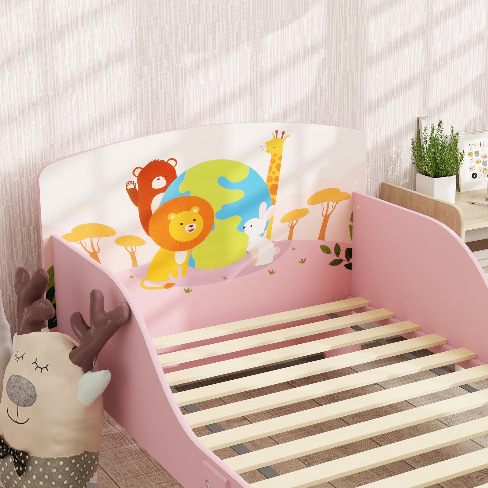 Toddler Bed, Cute Animal-themed Kids Bed Frame W/ Safety Rails, 143 X 77 X 60cm