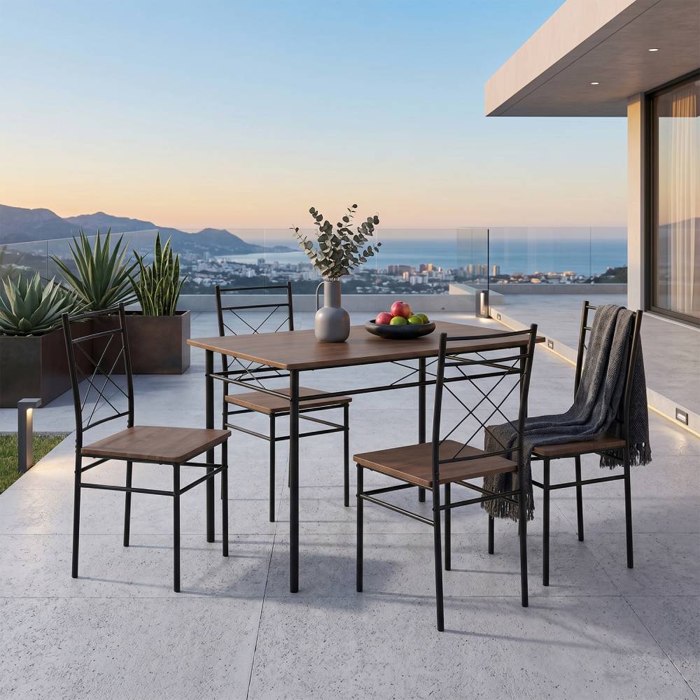5-piece Dining Table Set With 4 Chairs, Oak Wood Grain Mdf Top & Black Metal Frame