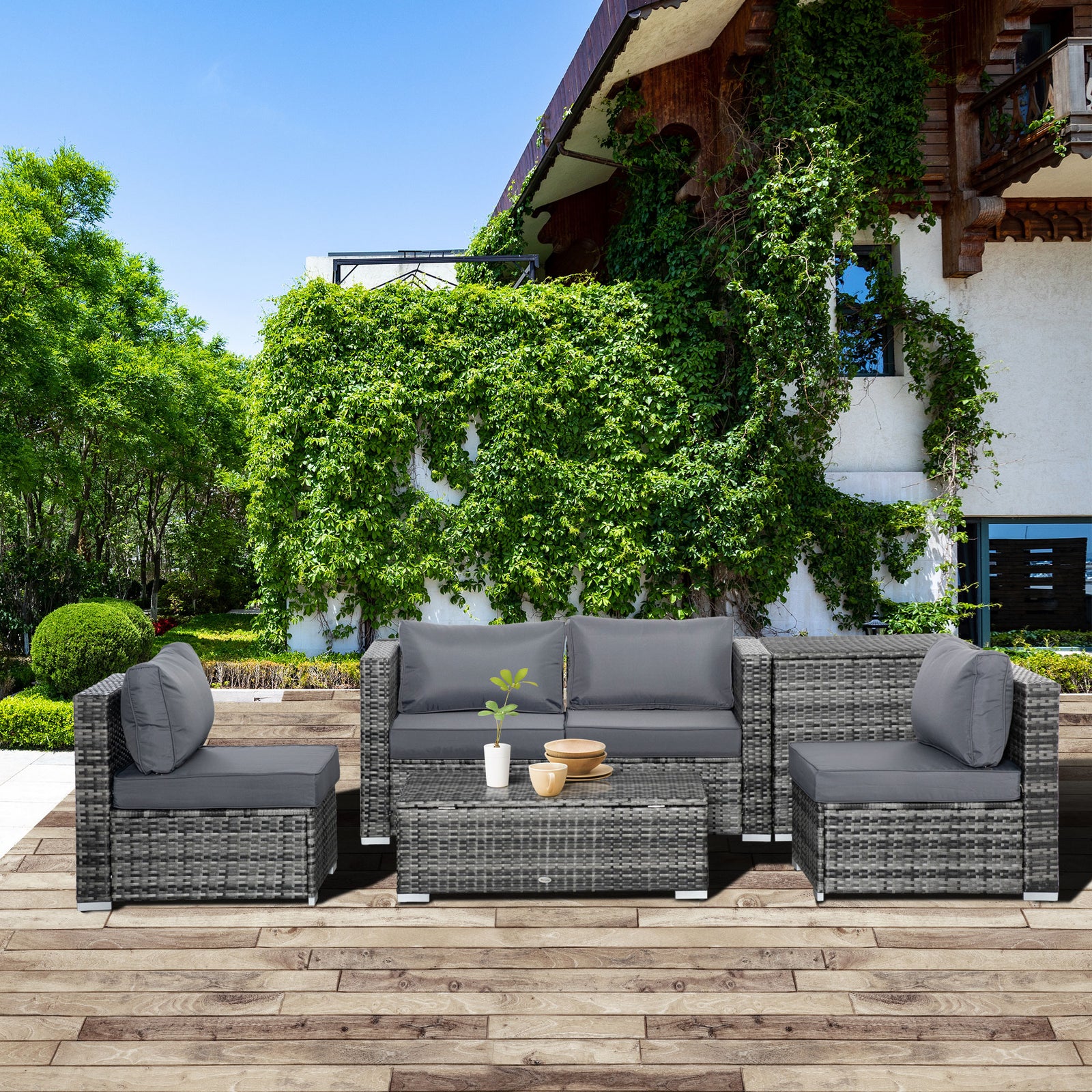 6pcs Rattan Sofa Set Garden Sectional Garden Wicker Cushion | Gray