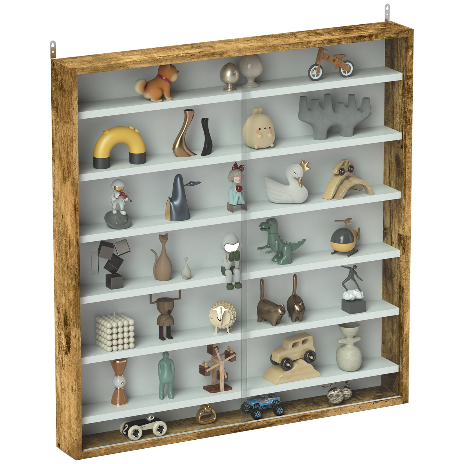 7-tier Wall Display Cabinet W/ Shelves Glass Doors | Brown
