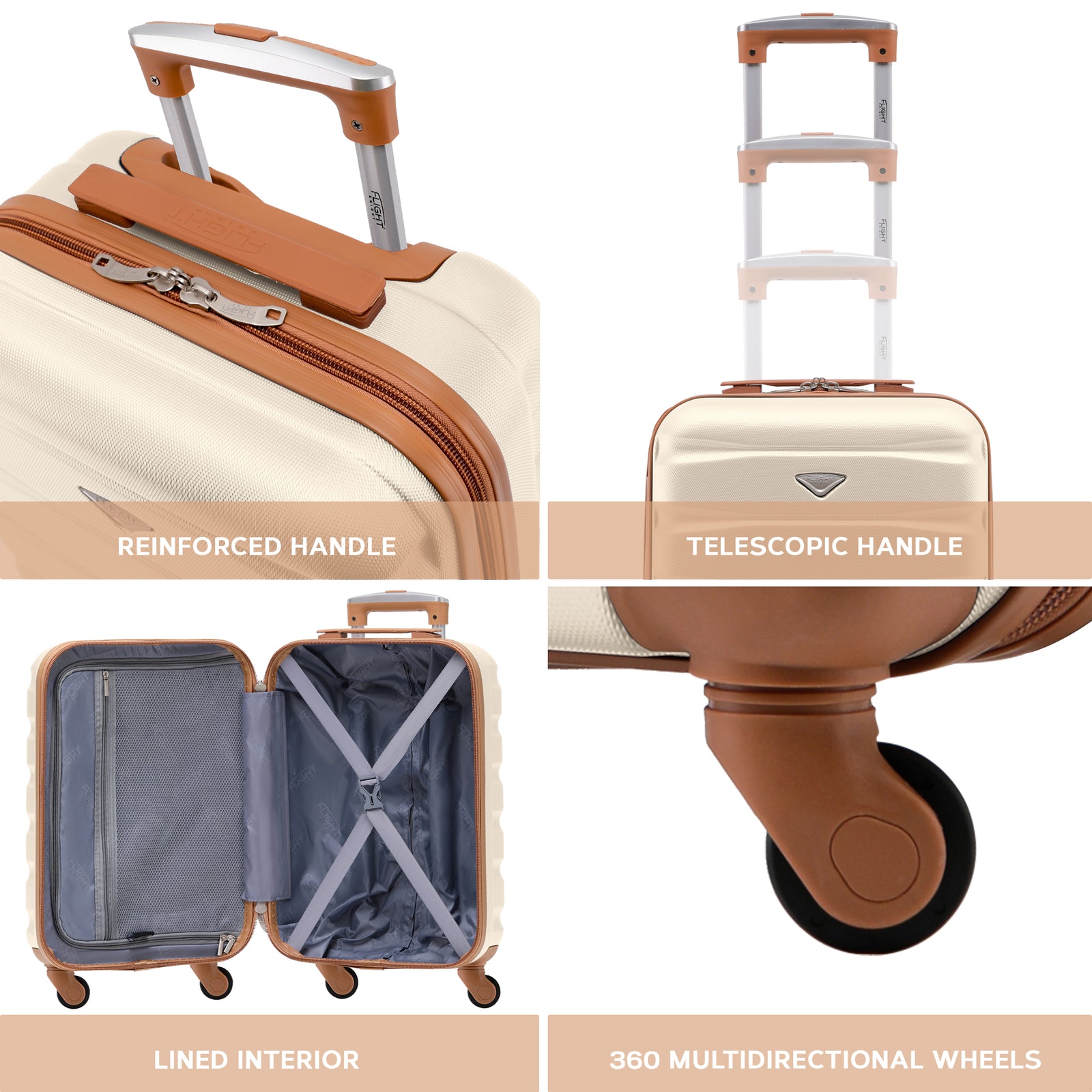 55x35x20cm Cabin Carry On Suitcase Hard Shell Overhead Luggage 100+ Airlines Approved | Cabin | Cream & Brown