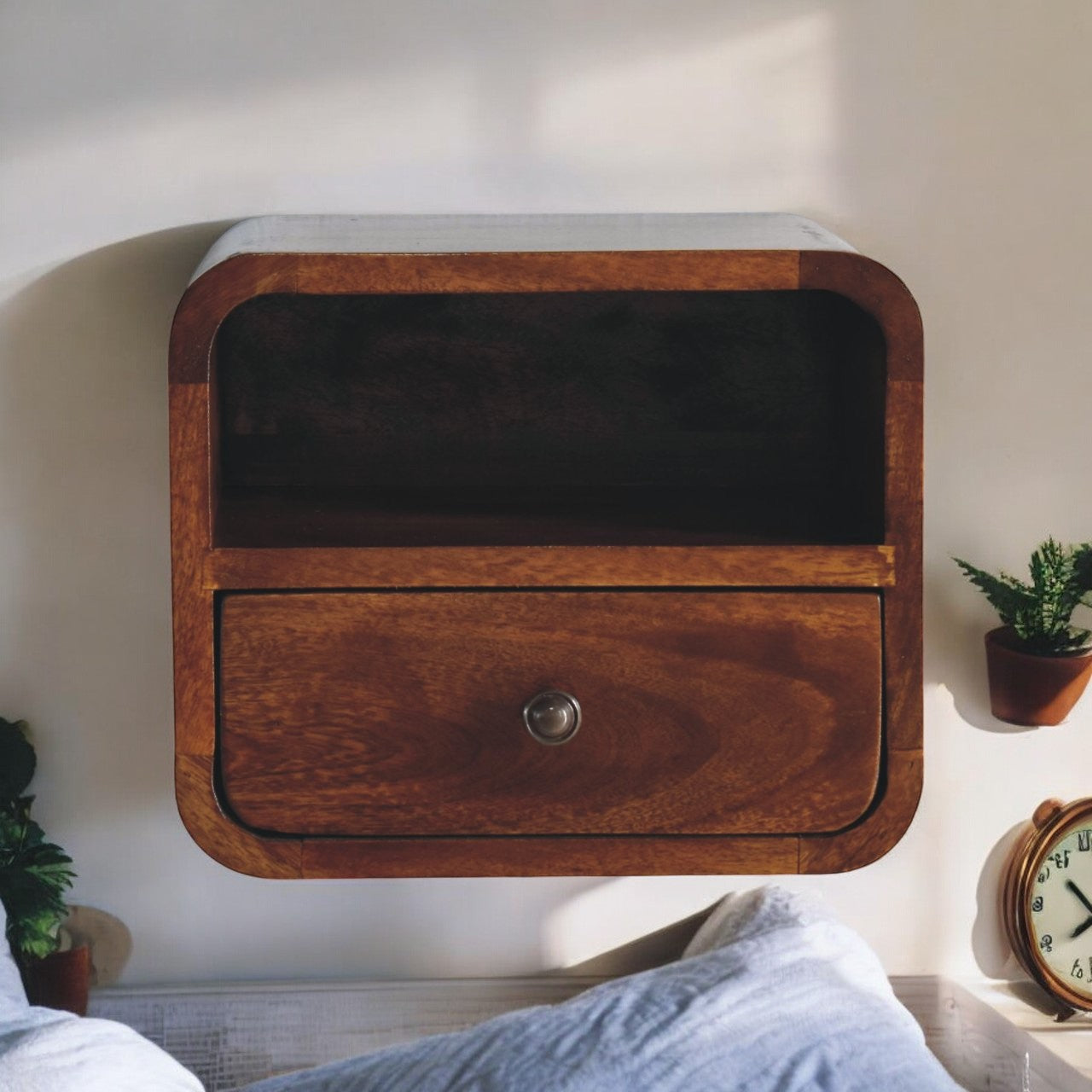 Solid Wood Extra Mini Wall Mounted Curved Chestnut Bedside With Open Slot