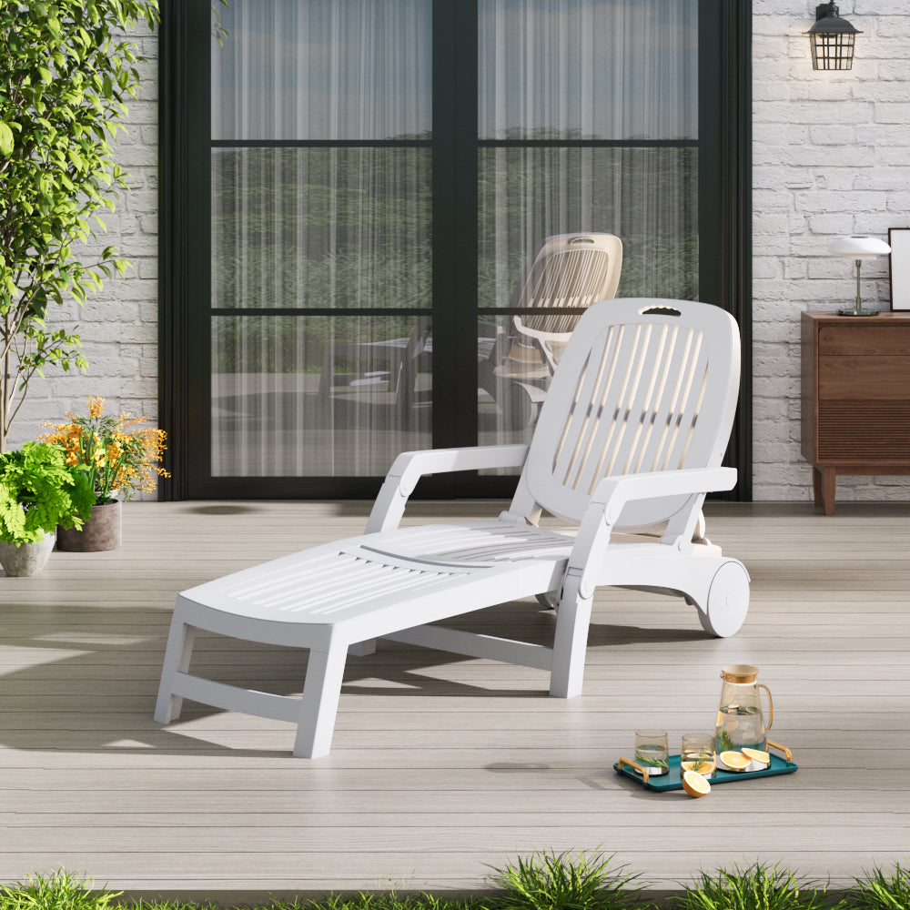 Outdoor Folding Lounge Chair Recliner With Wheels | White