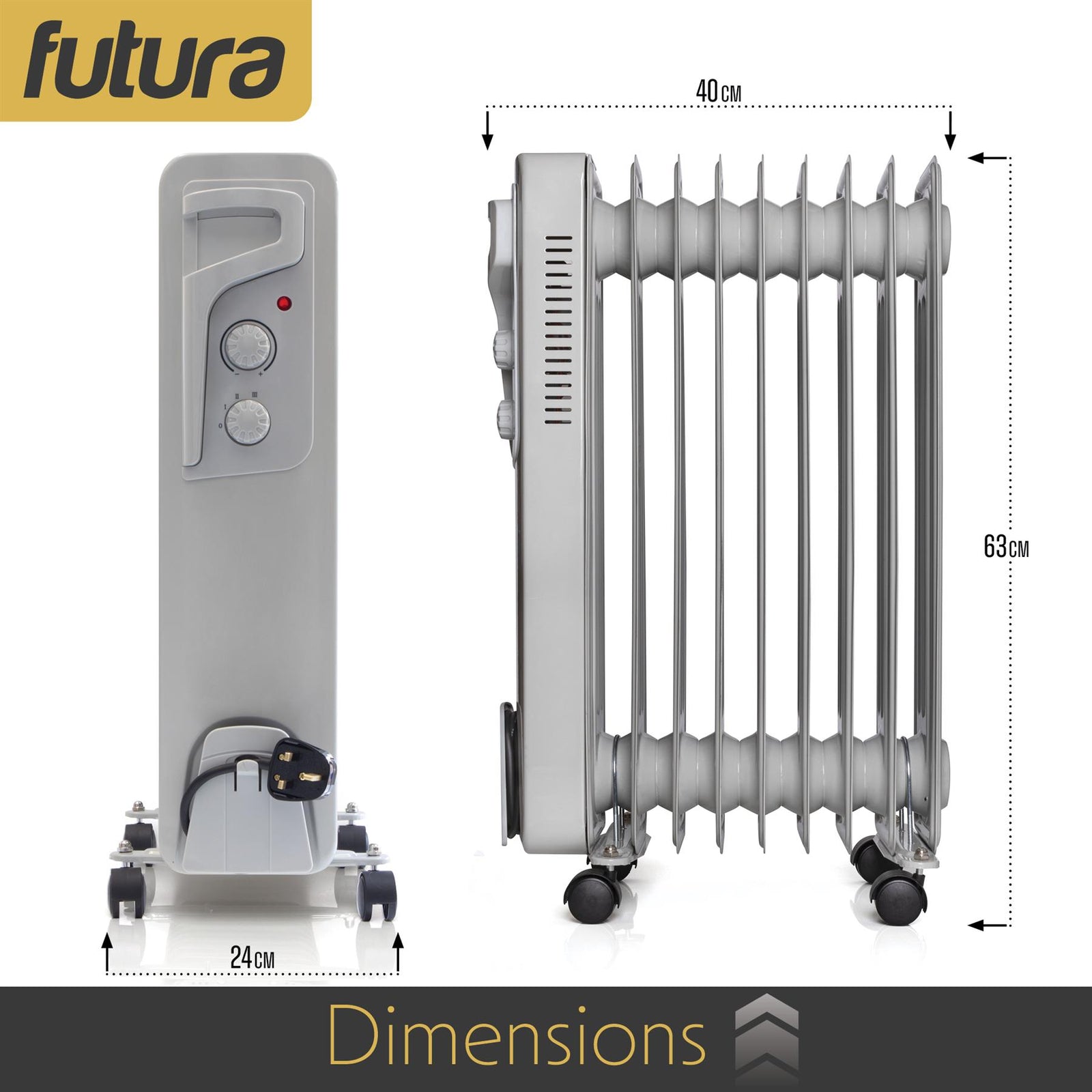 Oil Filled Radiator Portable Electric Room Oil Heater 3 Heat Settings | 2000w | Grey