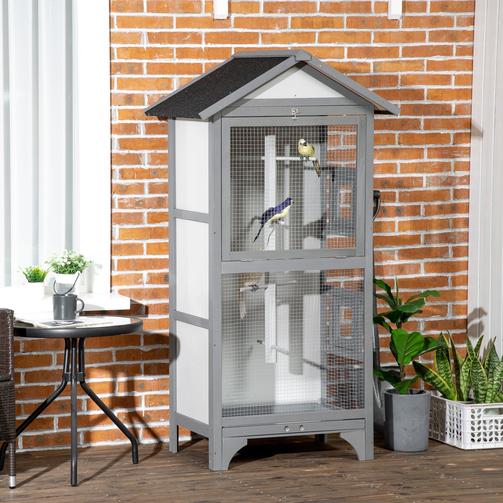 Wooden Bird Aviary, Outdoor Bird Cage For Finch, Canary W/ Tray - Grey