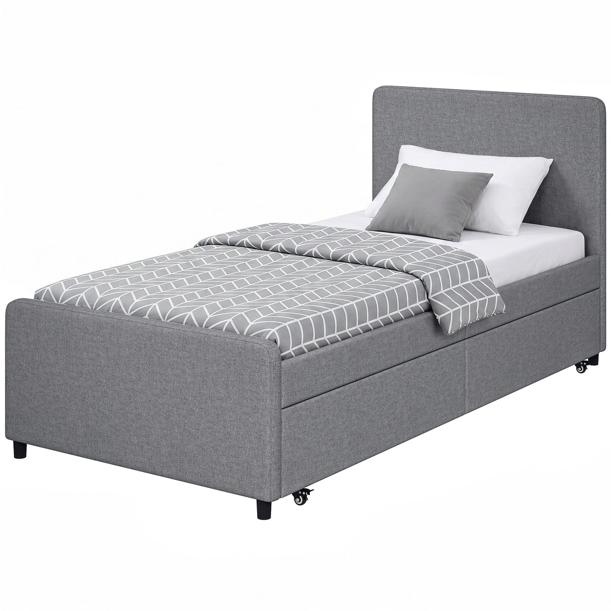 90 X 190 Cm Upholstered Single Bed, Pull Out Trundle Bed | Dark Grey