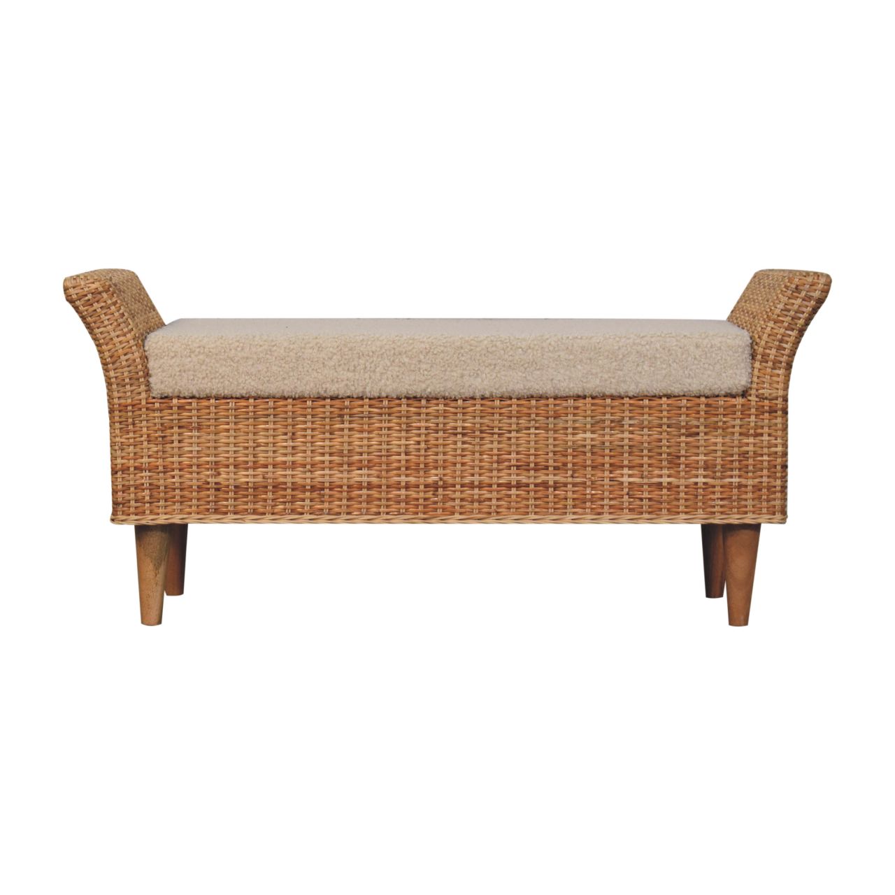 Solid Wood Riviera Woven Bench, Boucle Seat, Beige