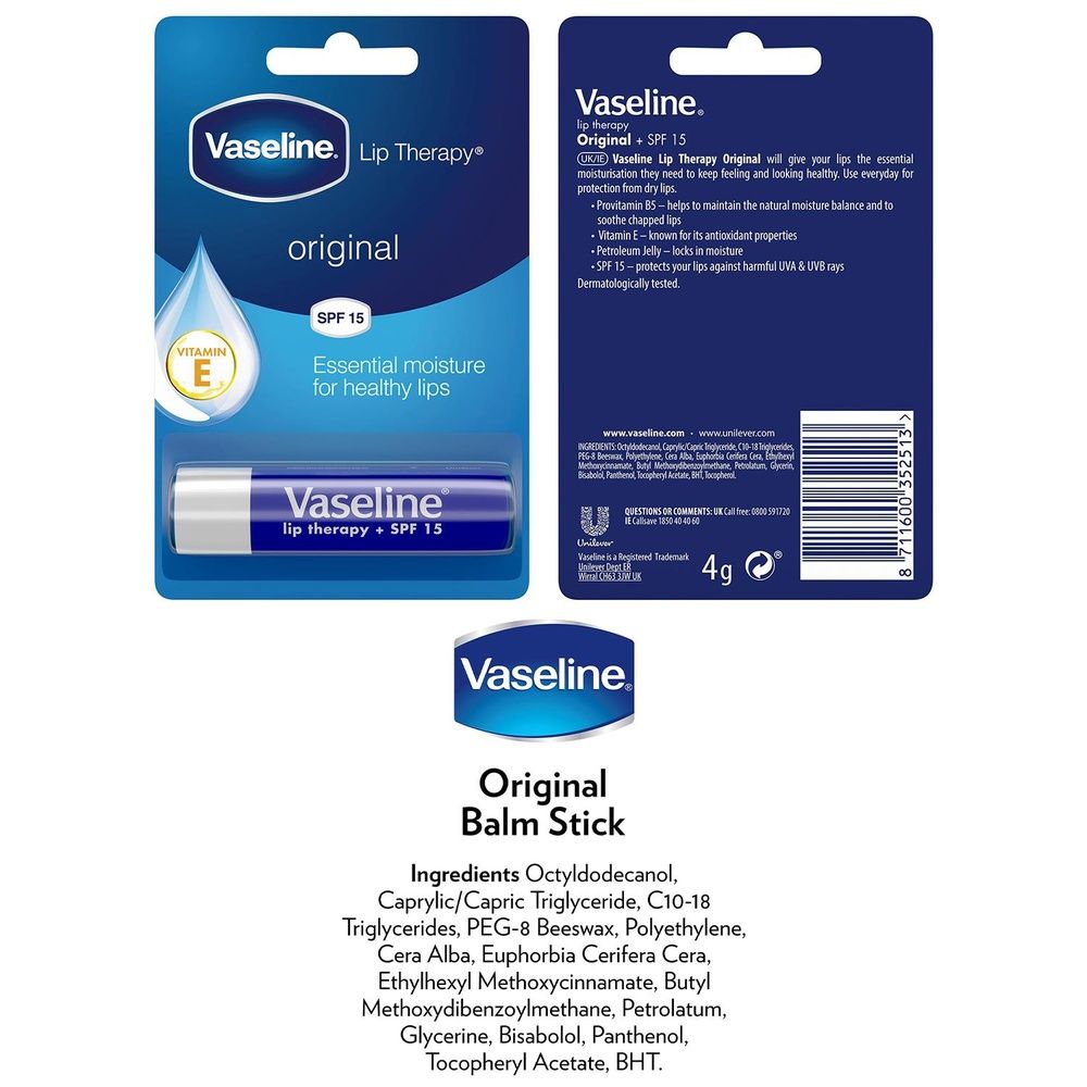 Vaseline Lip Therapy Balm Sticks, Original 4gm Hydrating Lip Care Balm