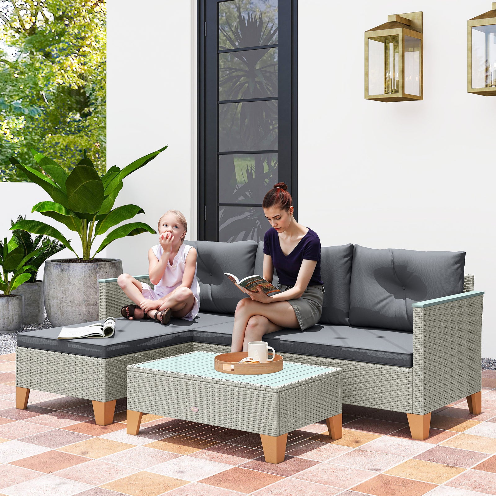3 Pieces Rattan Lounge Set, L-shaped With Wood Table | Charcoal Gray