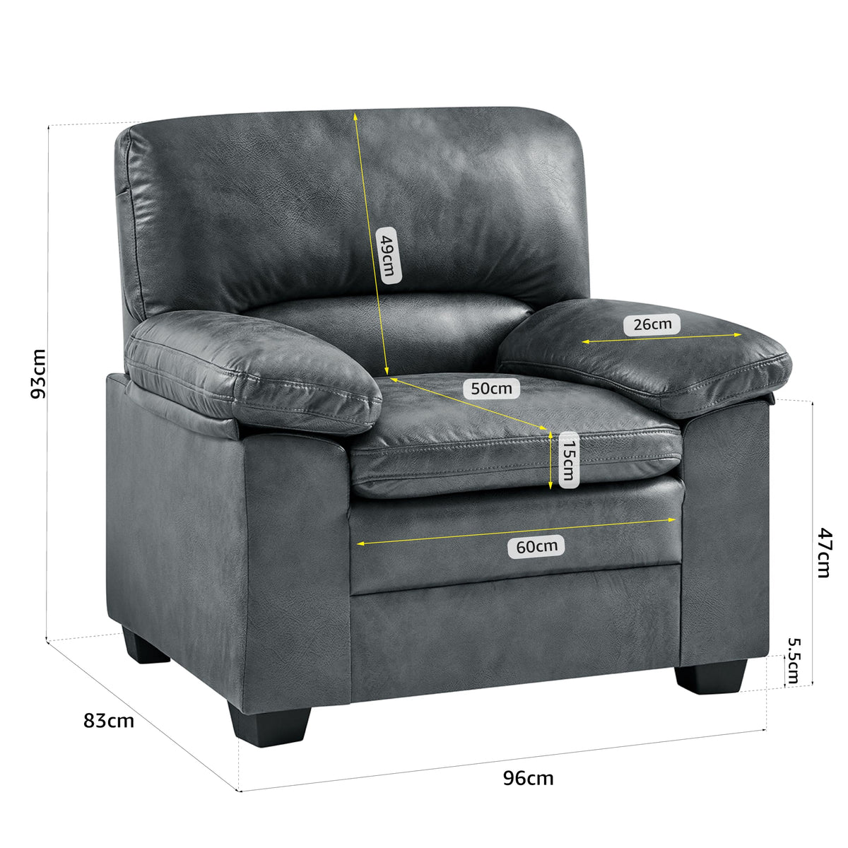 Oxford Faux Leather Sofa 1 Seater | Dark Grey
