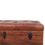 Solid Wood Brown Buffalo Hide Leather Storage Trunk