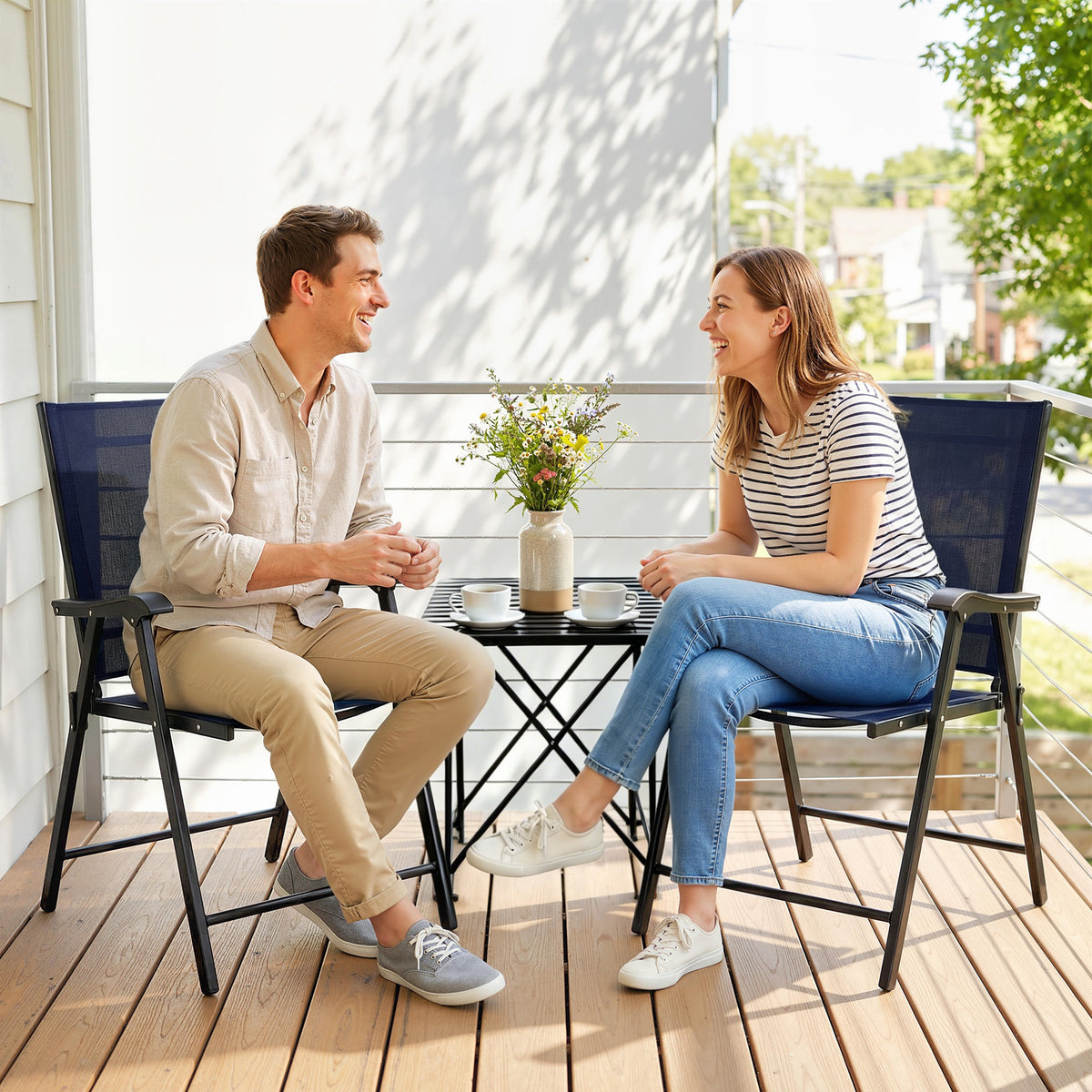 Folding Garden Chairs Set With High Back, Armrests | Set of 2 | Navy Blue