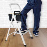 2 Step Ladder, Heavy-duty Steel Folding Home Diy Step Stool With Wide Non-slip Steps & Anti Slip Feet 150kg Capacity | 2 Step | White
