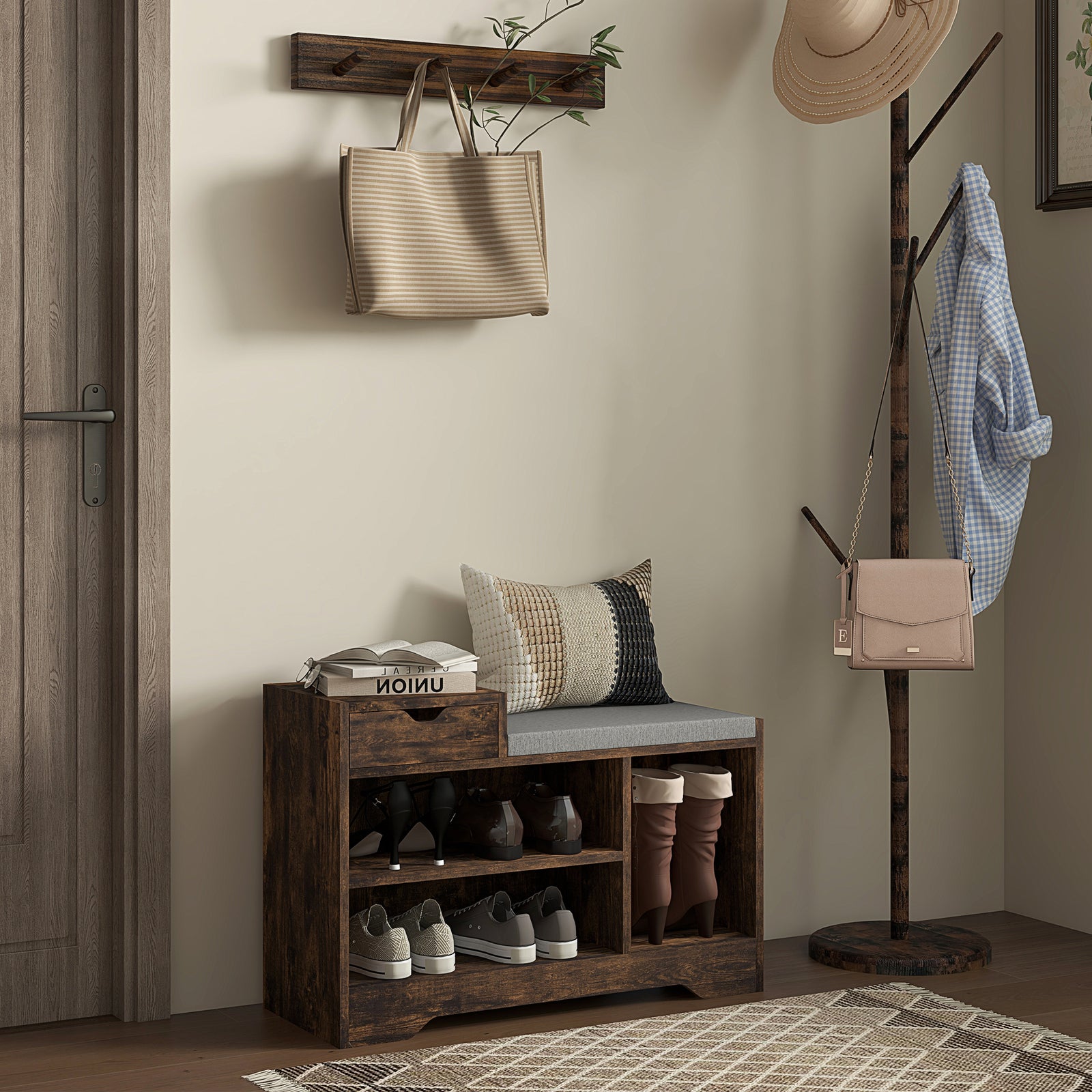 Upholstered Entryway Shoe Bench With Storage Drawer | One Size | Brown