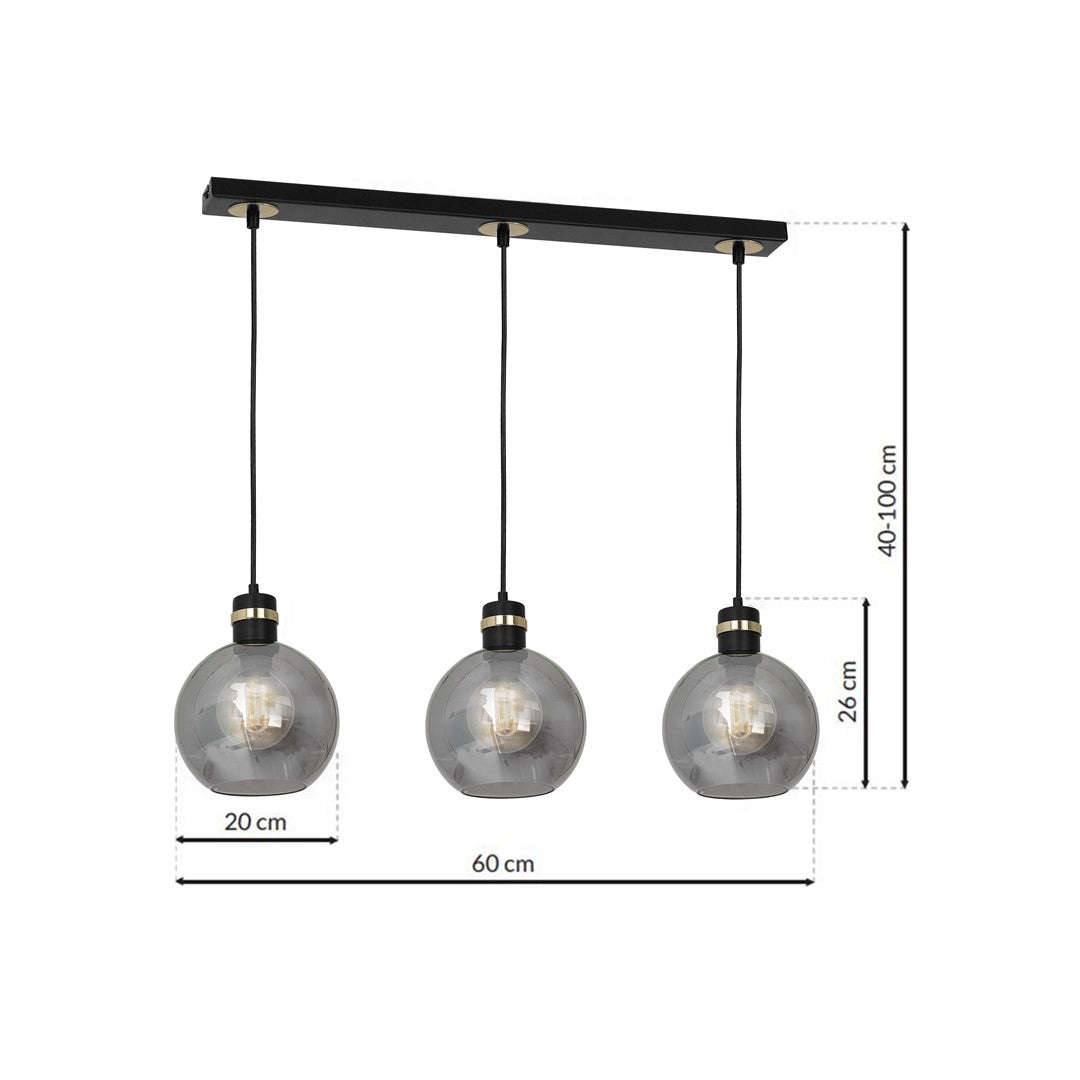 Omega Hand Made Linear Pendant Lamp With Elegant Smoked Glass Spheres Quality Matt Black Fittings With Gold Detail
