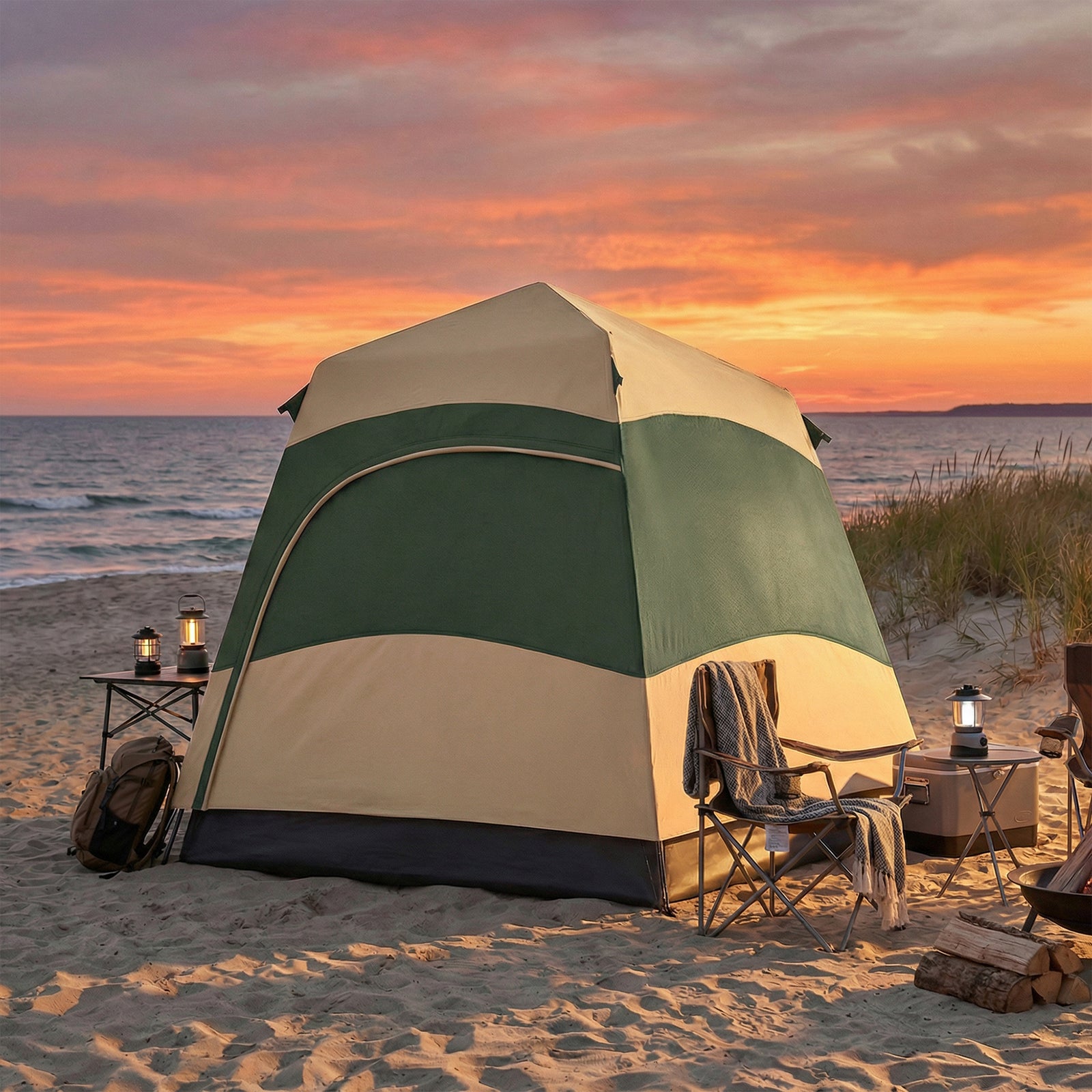 Double Layer Pop Up Tent With Rainfly, Portable Camping Shelter | Khaki