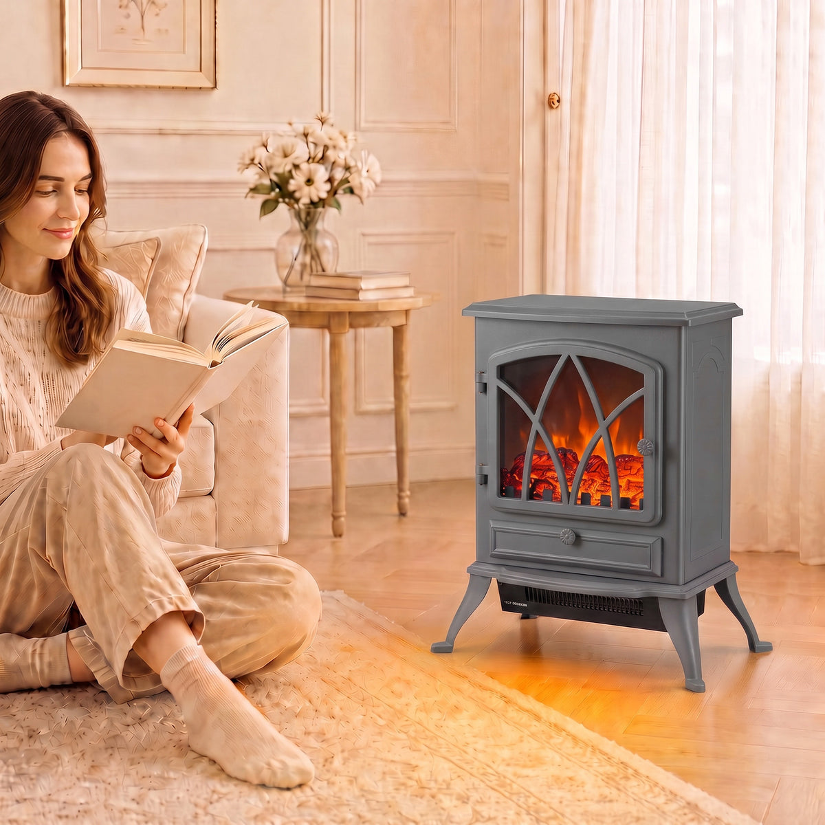 Freestanding Fireplace Flame Effect Electric Heater Log Burning Grey
