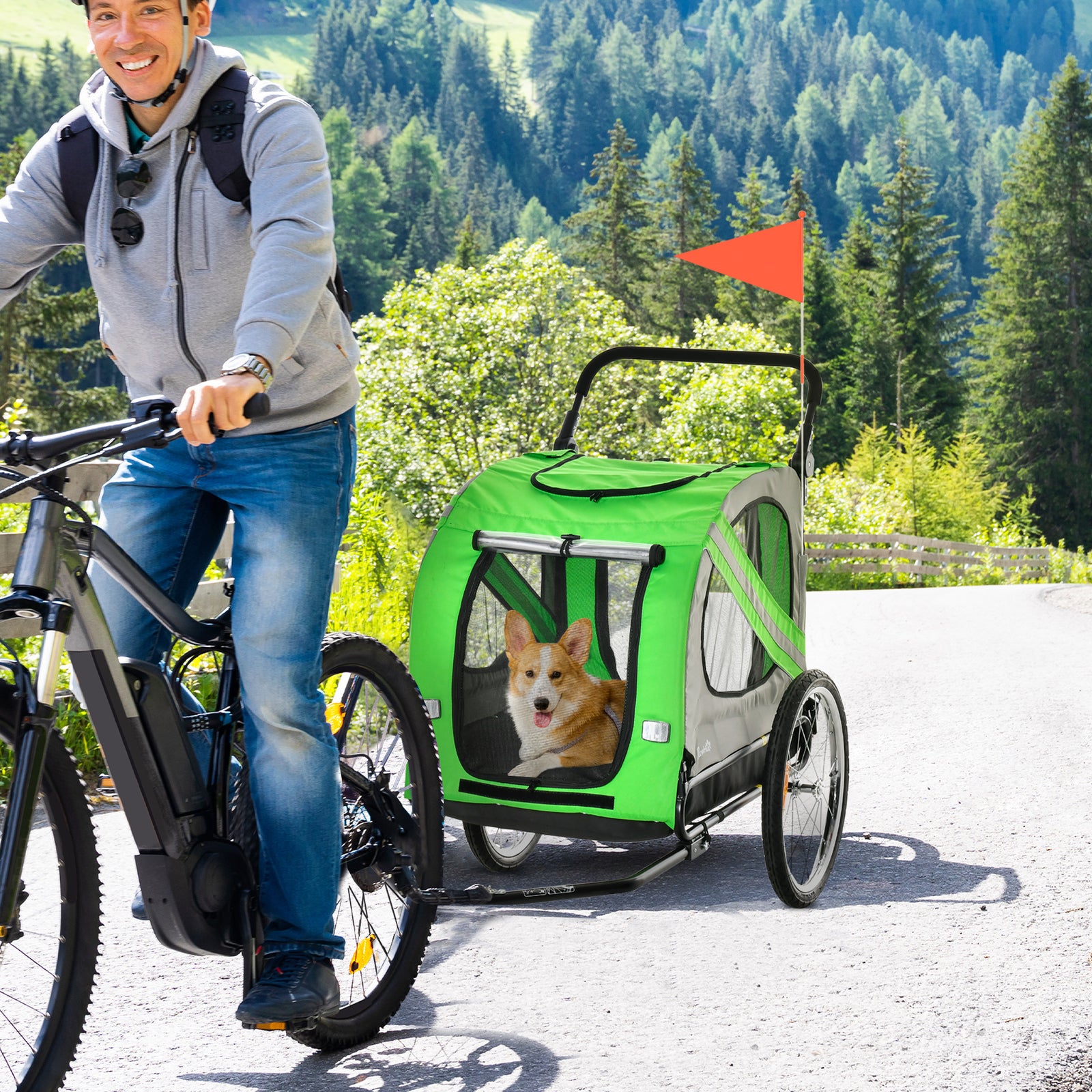 Pawhut 2-in-1 Dog Bike Trailer Stroller W/ Universal Wheel Reflector Flag | Green