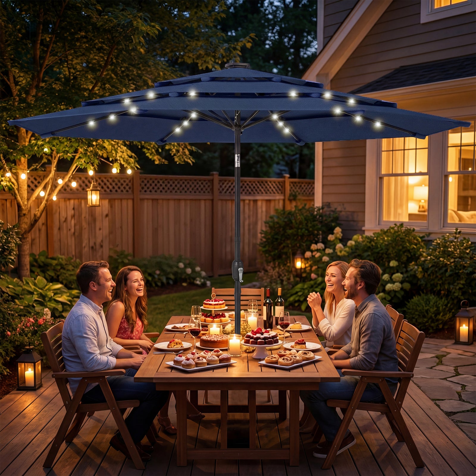 2.8 M Garden Parasol Umbrella With Light, Patio Umbrella | Navy Blue