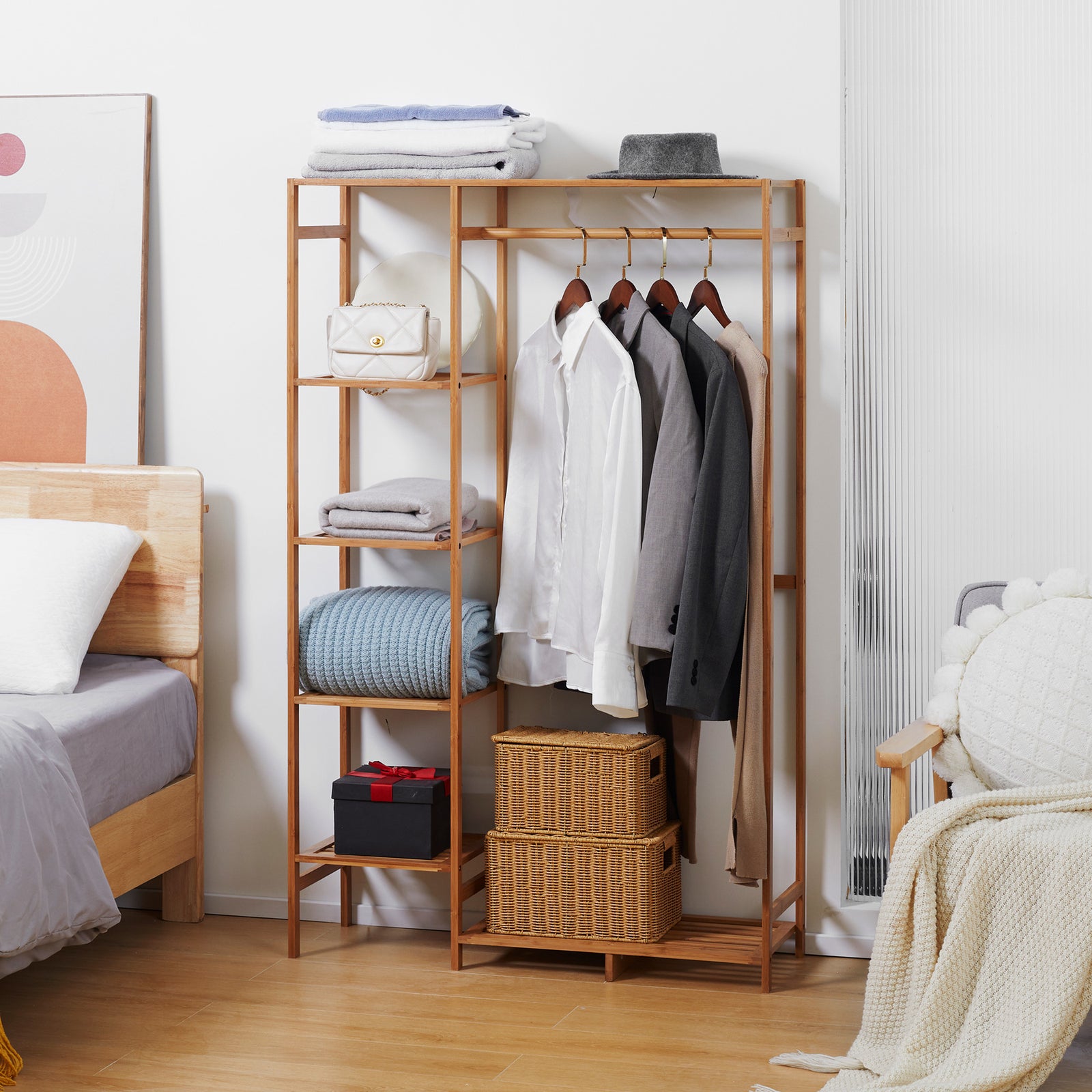 Bamboo Clothes Rail Garment Rack With 6 Tier Storage Shelf