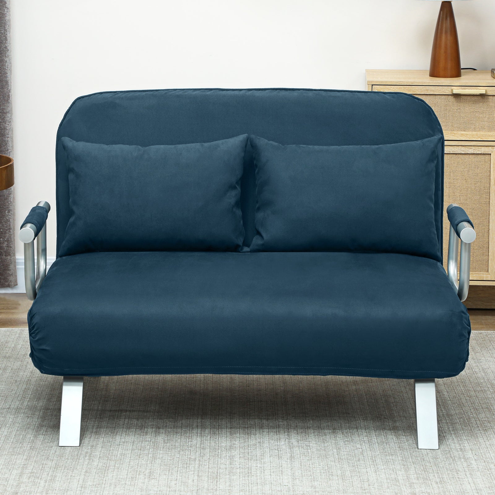 Fabric Convertible 2 Seater Sofa Bed W/ 2 Pillows | Navy Blue