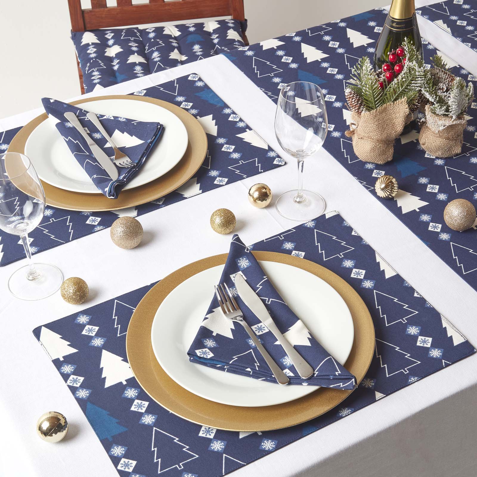Christmas Seat Pad With Straps 100% Cotton 40 x 40cm | 40cm x 40cm | Blue