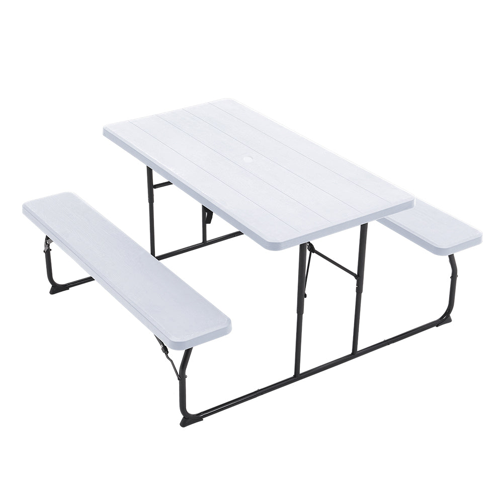 Foldable Picnic Table And Bench Set With Parasol Hole | One Size | White