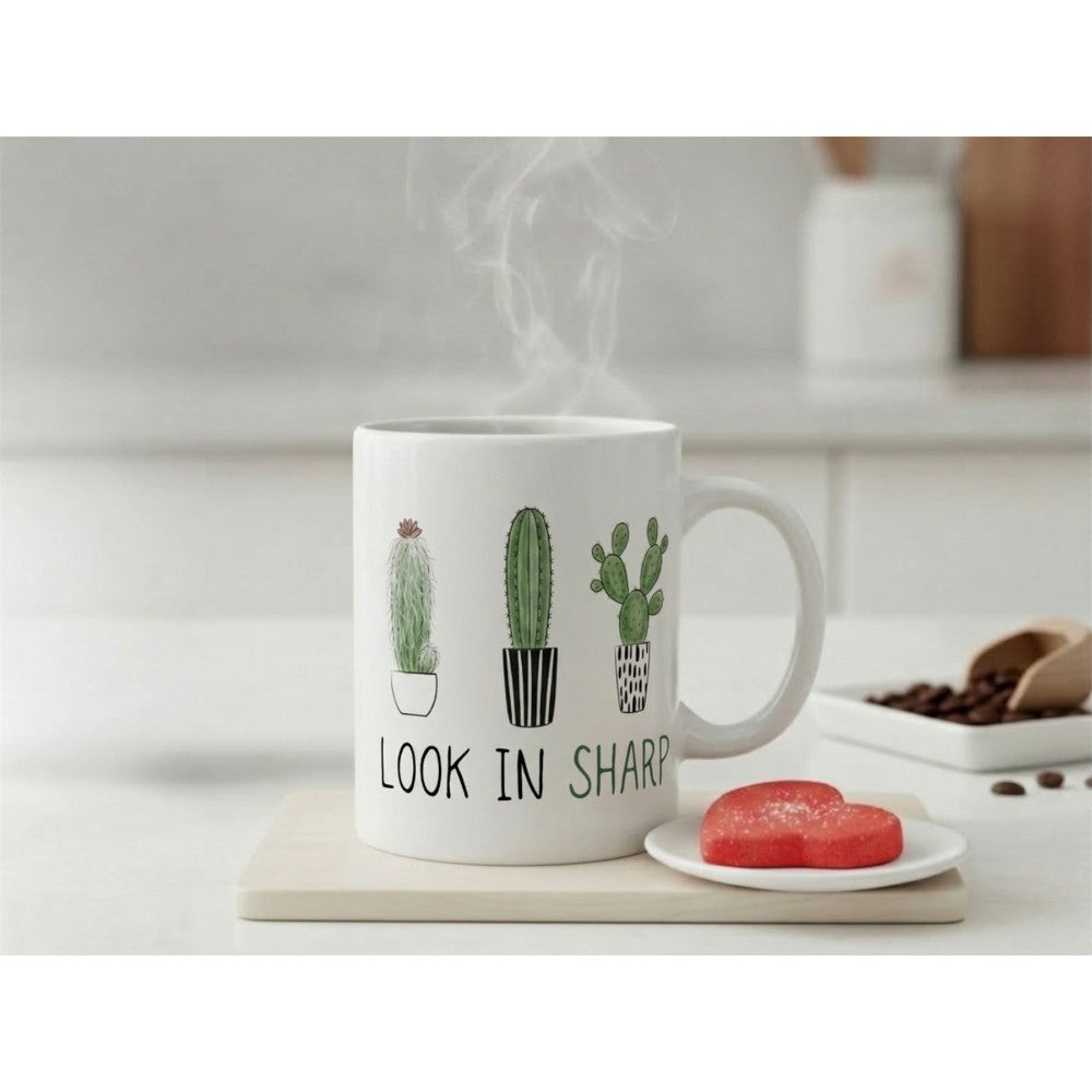 Dyzi Look In Sharp Cactus Quote Ceramic Coffee Mug White