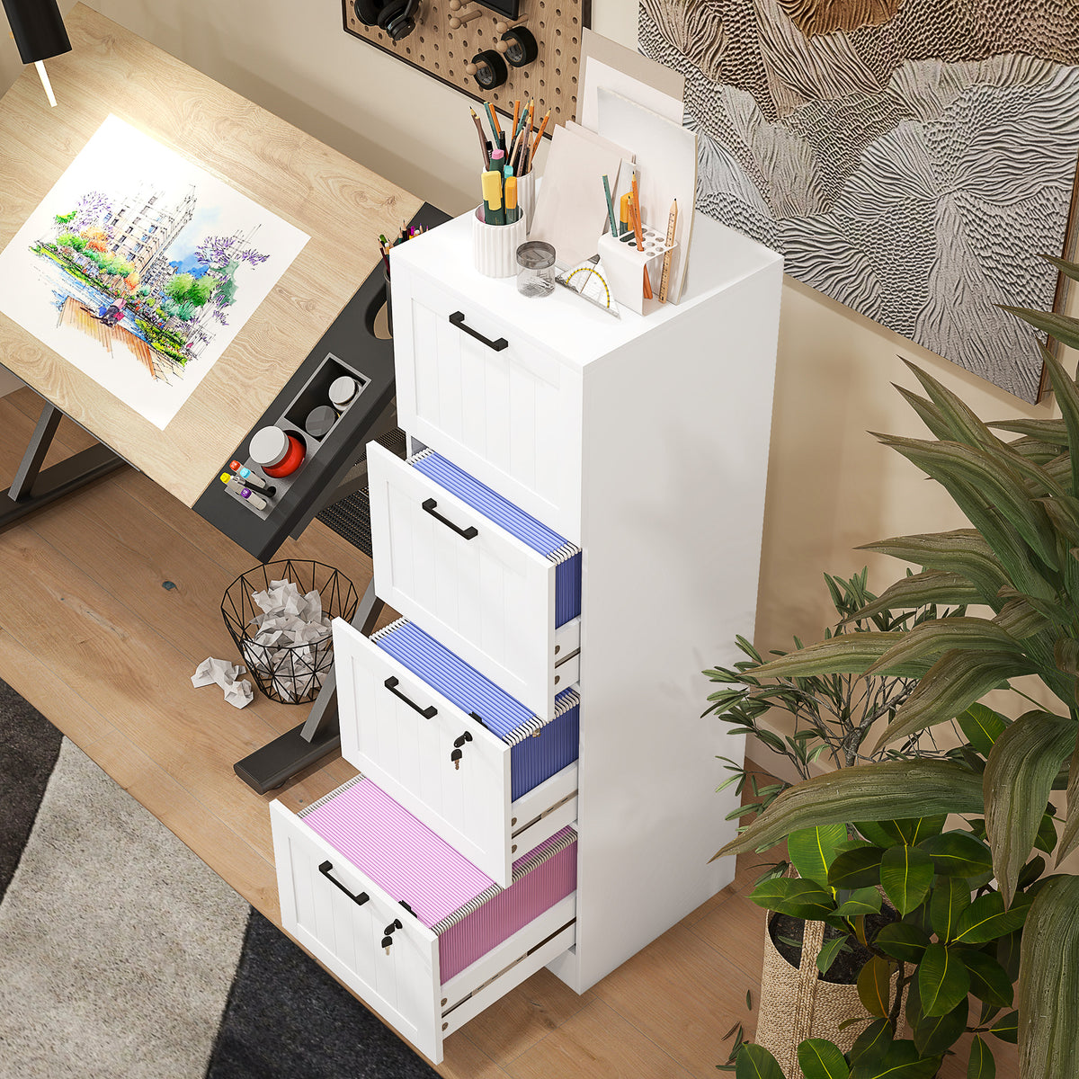 HOMCOM 4 Drawer File Cabinet With Lock And Adjustable Hanging Bars